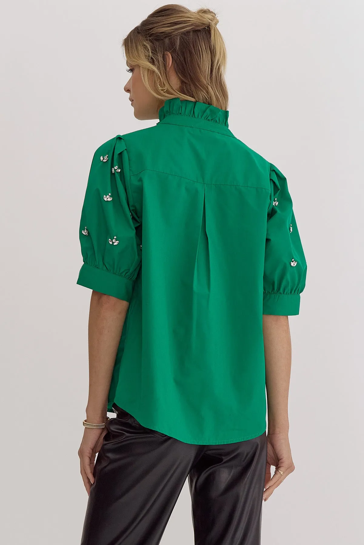 Green Bedazzled Sleeve Blouse