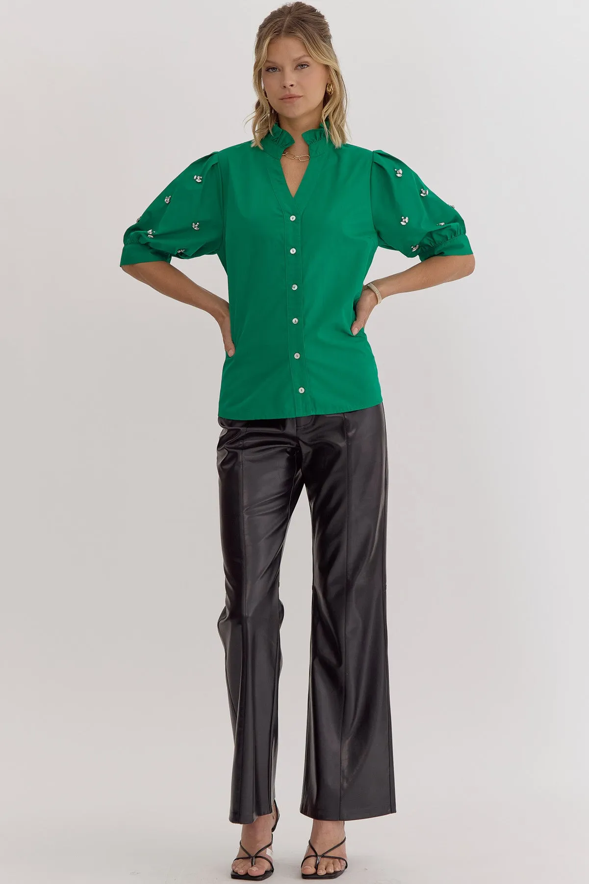 Green Bedazzled Sleeve Blouse
