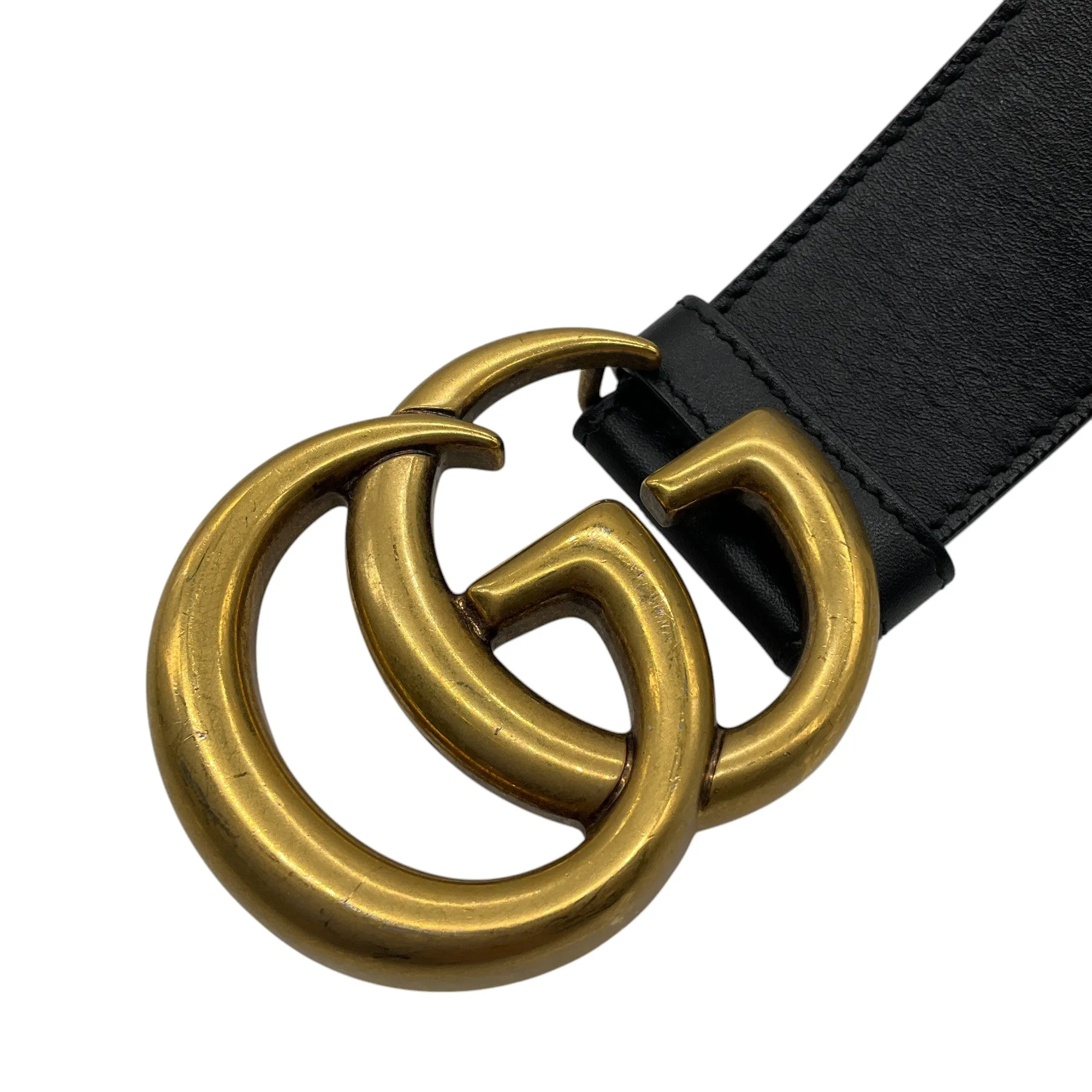Gucci Black / Antiqued Gold GG Marmont Wide Leather Belt