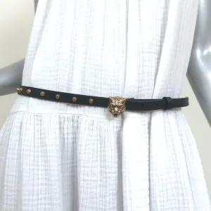 Gucci Feline Buckle Studded Skinny Belt Black Leather Size 90 US 36 NEW