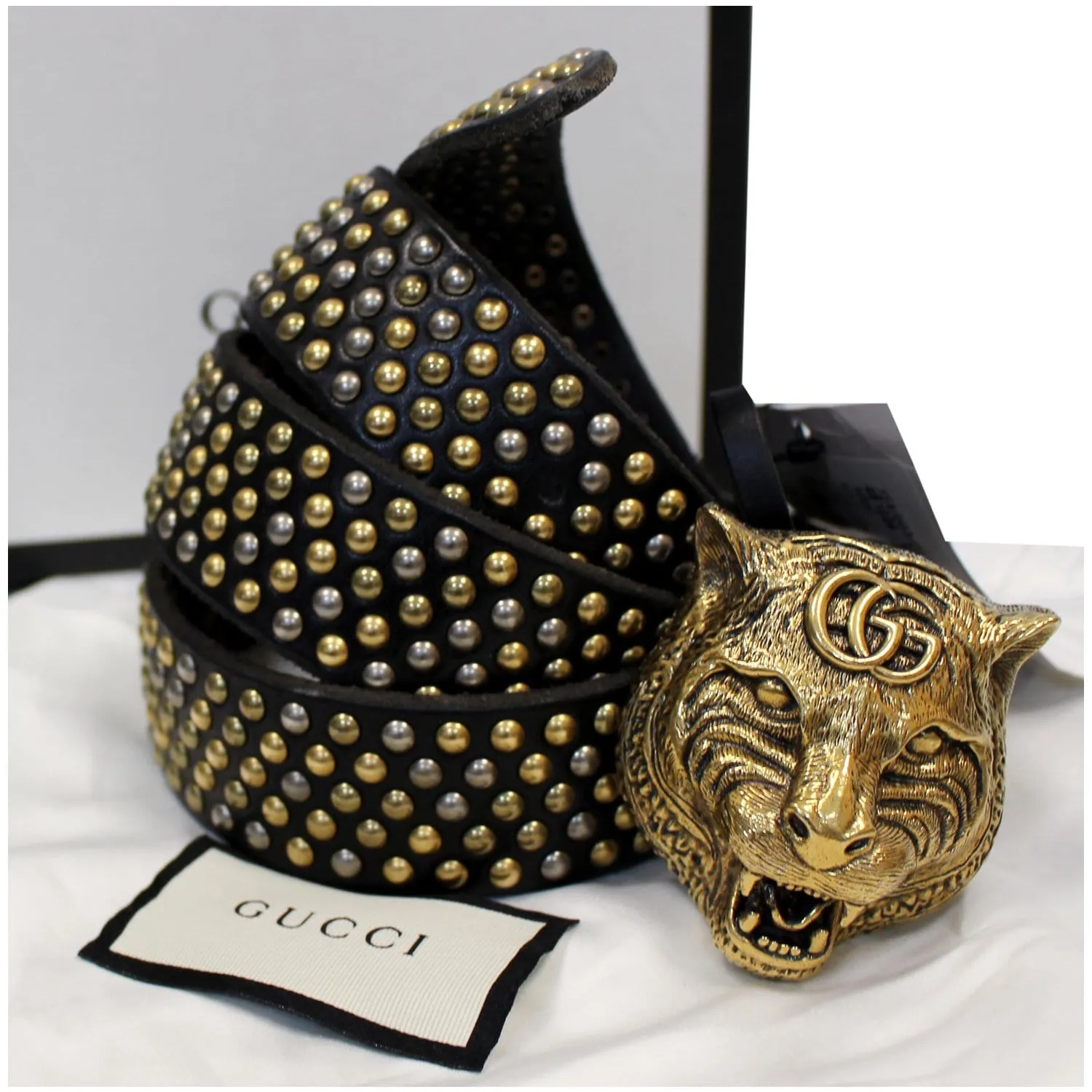 GUCCI Feline Head Studded Leather Belt Black 451224 - 15% OFF