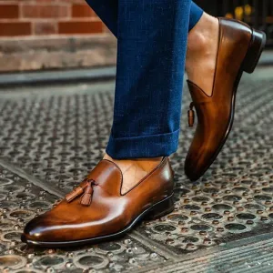 Handmade Brown Calfskin Leather Tassel Loafer for Men