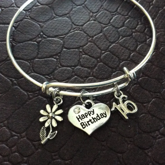 Happy 16th Birthday Expandable Charm Bracelet Adjustable Bangle Gift (Other Numbers Available)
