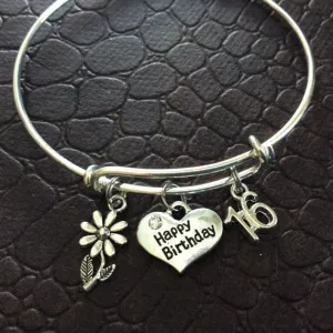 Happy 16th Birthday Expandable Charm Bracelet Adjustable Bangle Gift (Other Numbers Available)