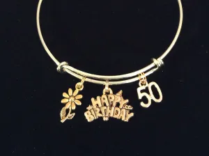 Happy 50th Birthday Gold Expandable Charm Bracelet Adjustable Wire Bangle 50 Fifty Meaningful Gift