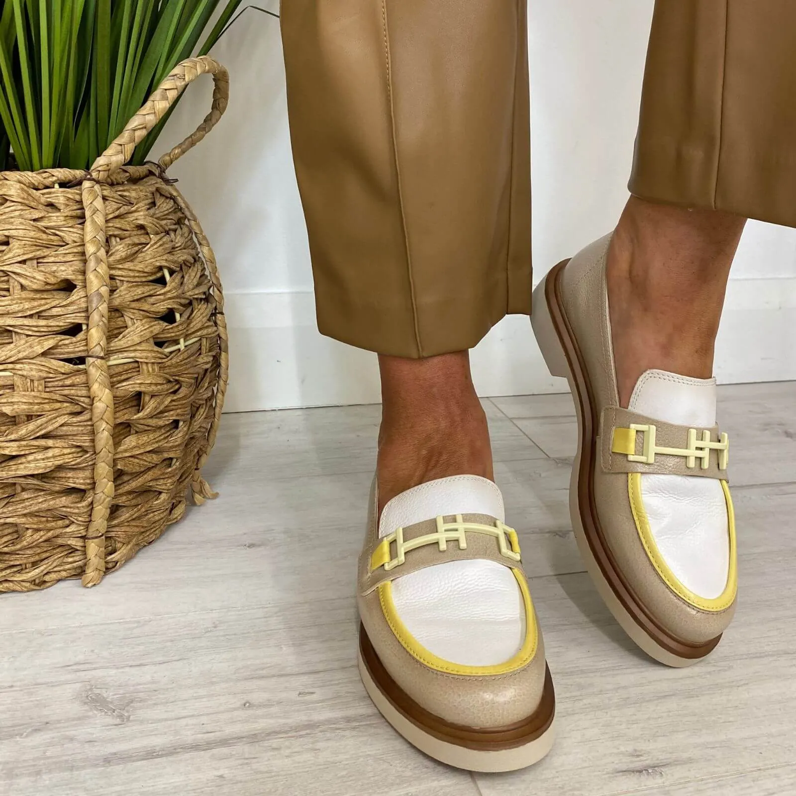 Hispanitas Taupe & Yellow Leather Slip On Loafers