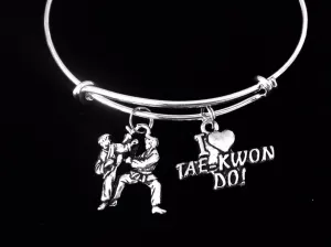 I Love Tae Kwon Do Silver Charm Bracelet Expandable Adjustable Wire Bangle Gift Trendy Martial Arts Karate
