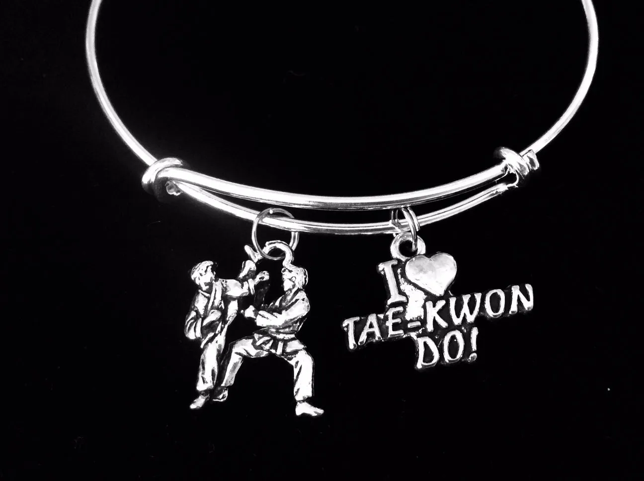I Love Tae Kwon Do Silver Charm Bracelet Expandable Adjustable Wire Bangle Gift Trendy Martial Arts Karate