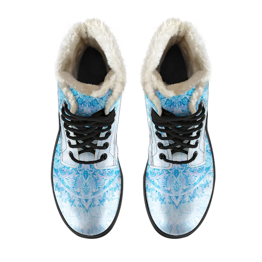 Icy Blue Mandala Faux Fur Eco-Friendly Leather Boots