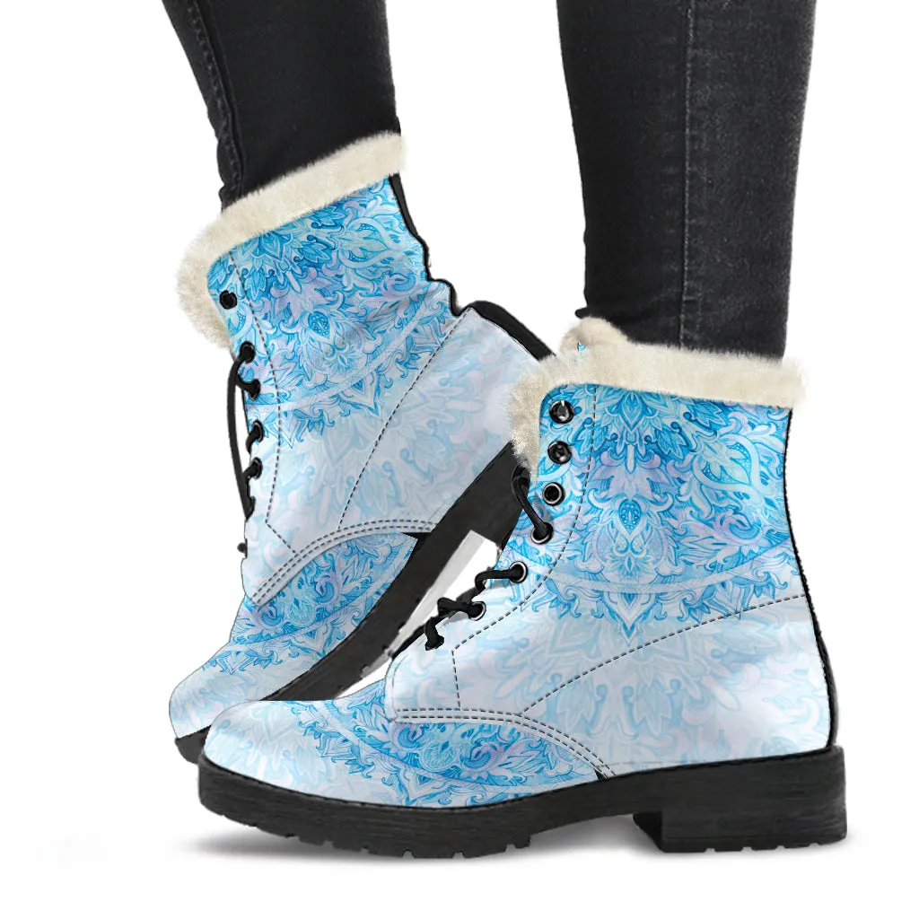 Icy Blue Mandala Faux Fur Eco-Friendly Leather Boots