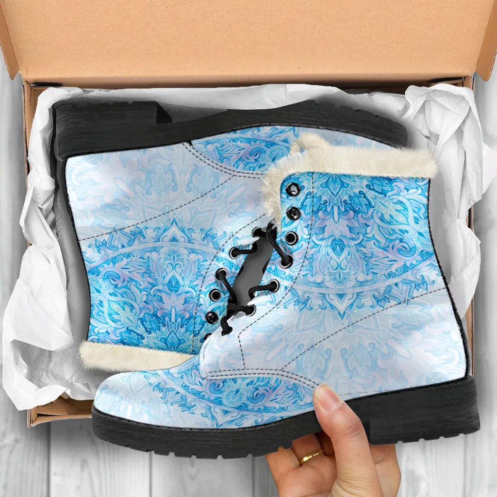 Icy Blue Mandala Faux Fur Eco-Friendly Leather Boots