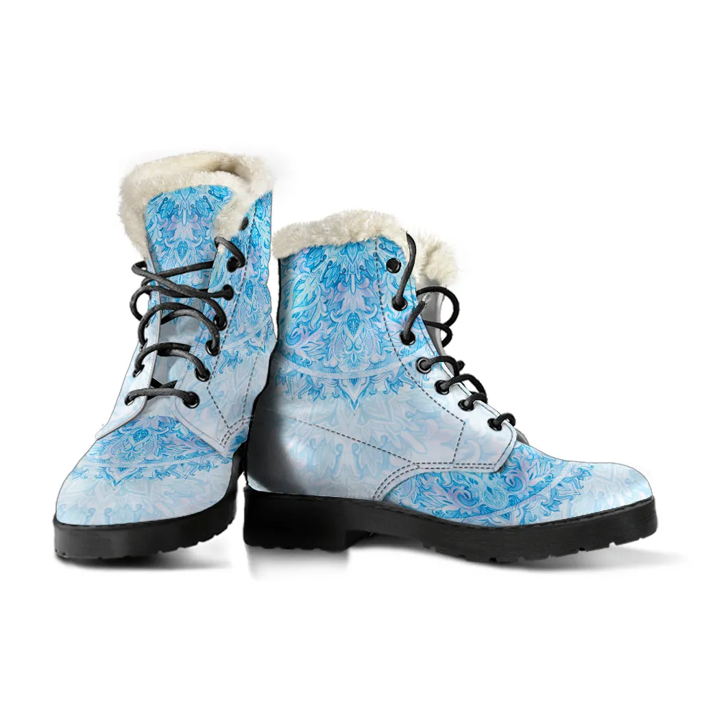 Icy Blue Mandala Faux Fur Eco-Friendly Leather Boots