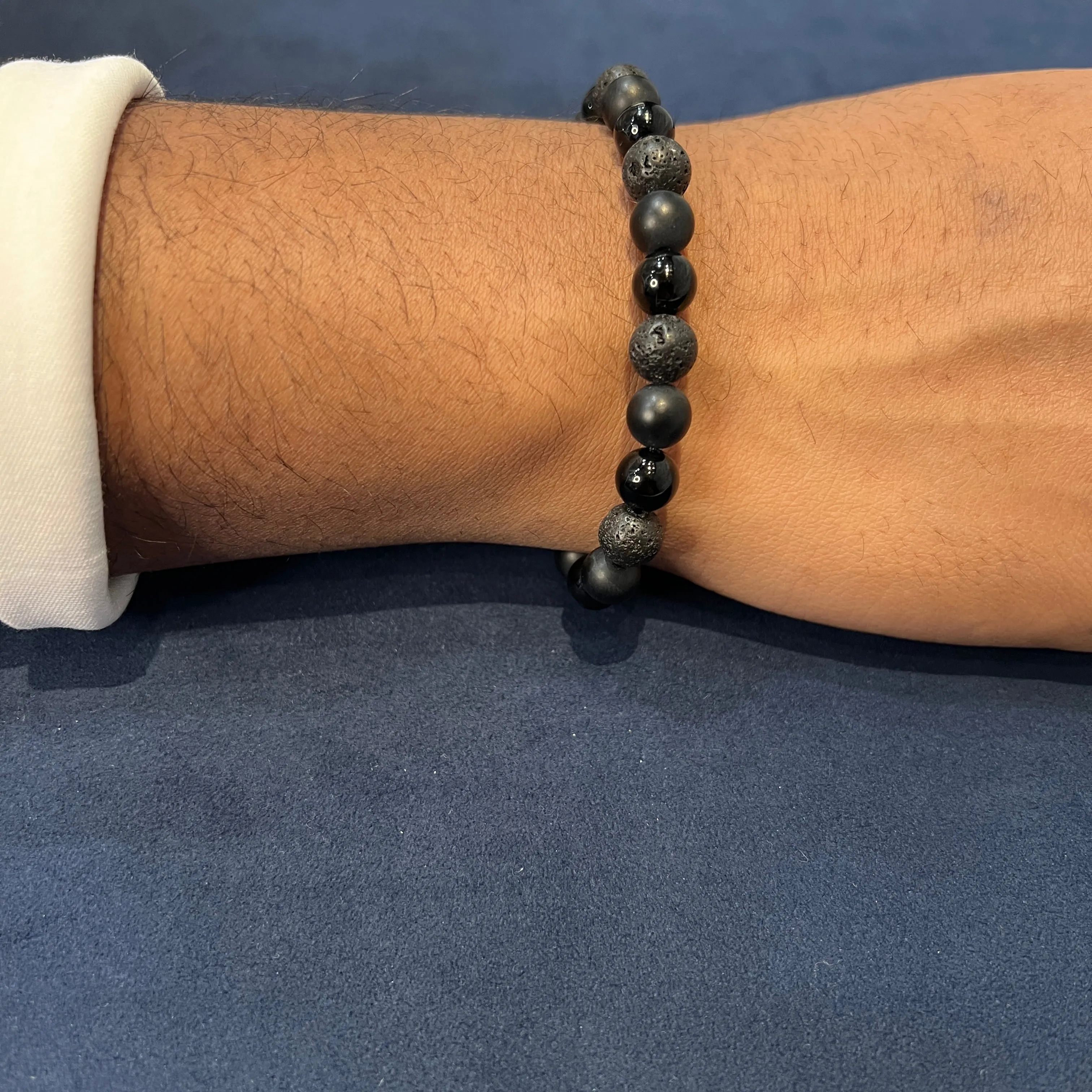 Italgem Matte and Shiny Black Onyx with Lava Stone Beaded Stretch Bracelet
