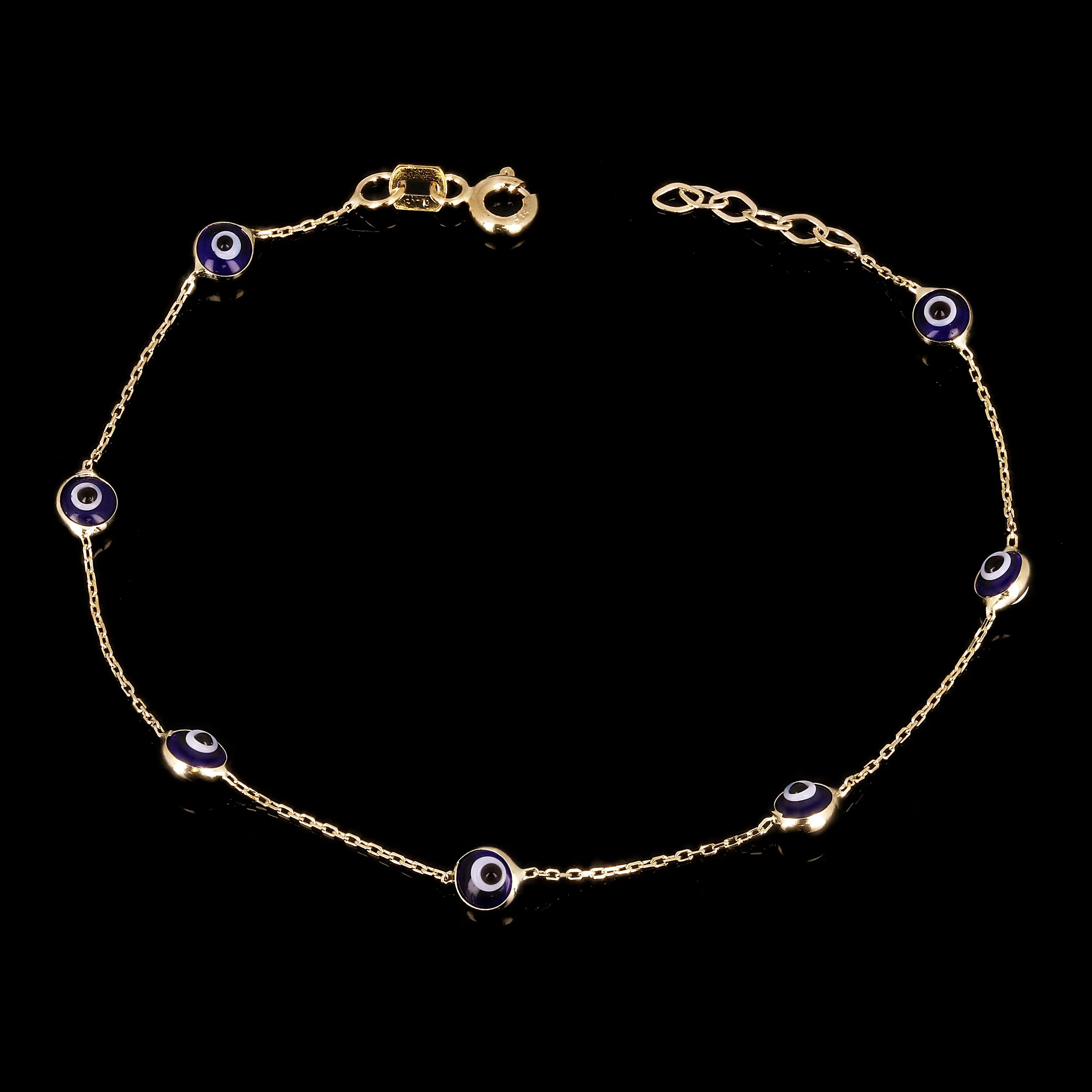Italian 14k Yellow Gold Enamel Evil Eye Station Bracelet 7"