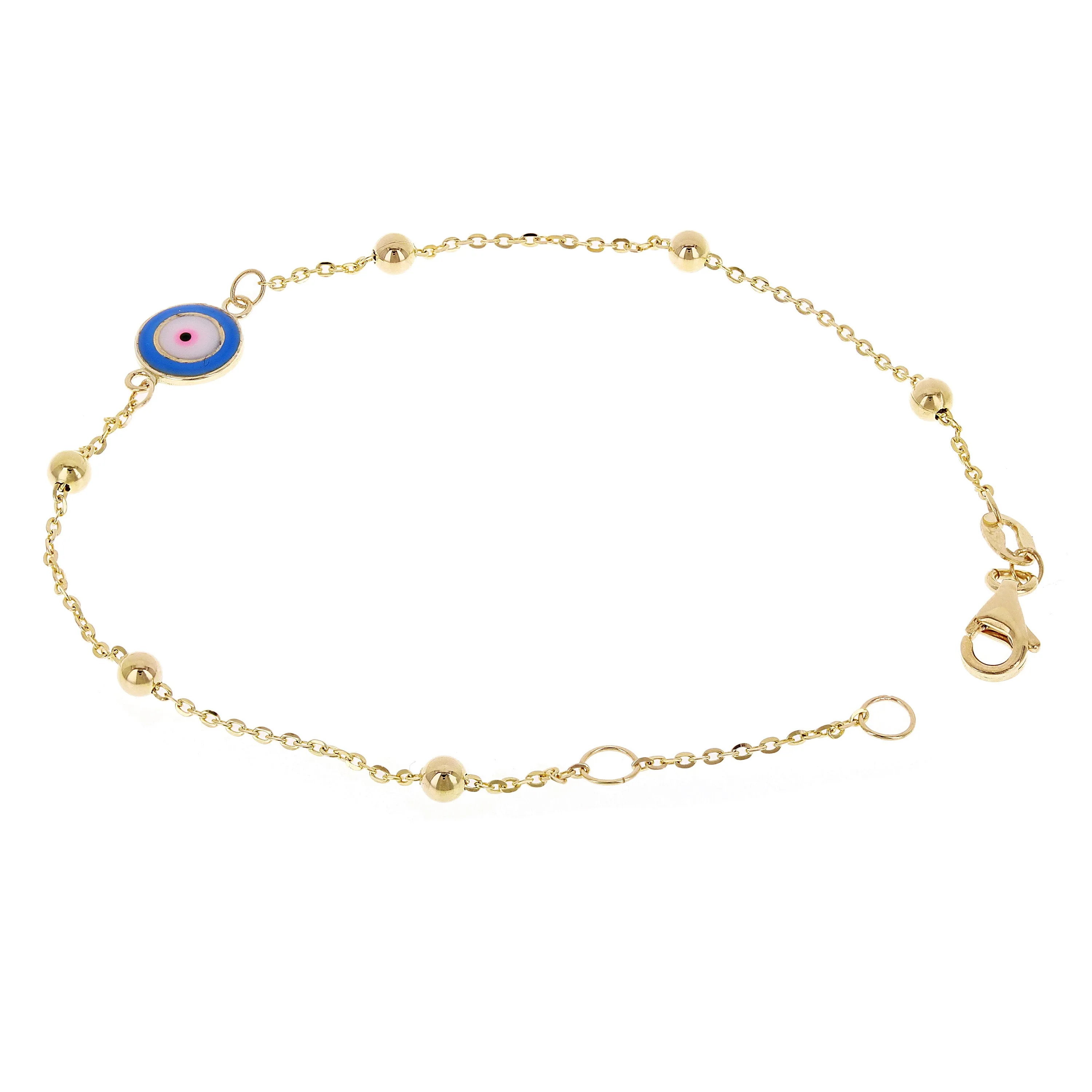 Italian 14k Yellow Gold Enamel Evil Eye Station Bracelet 7"