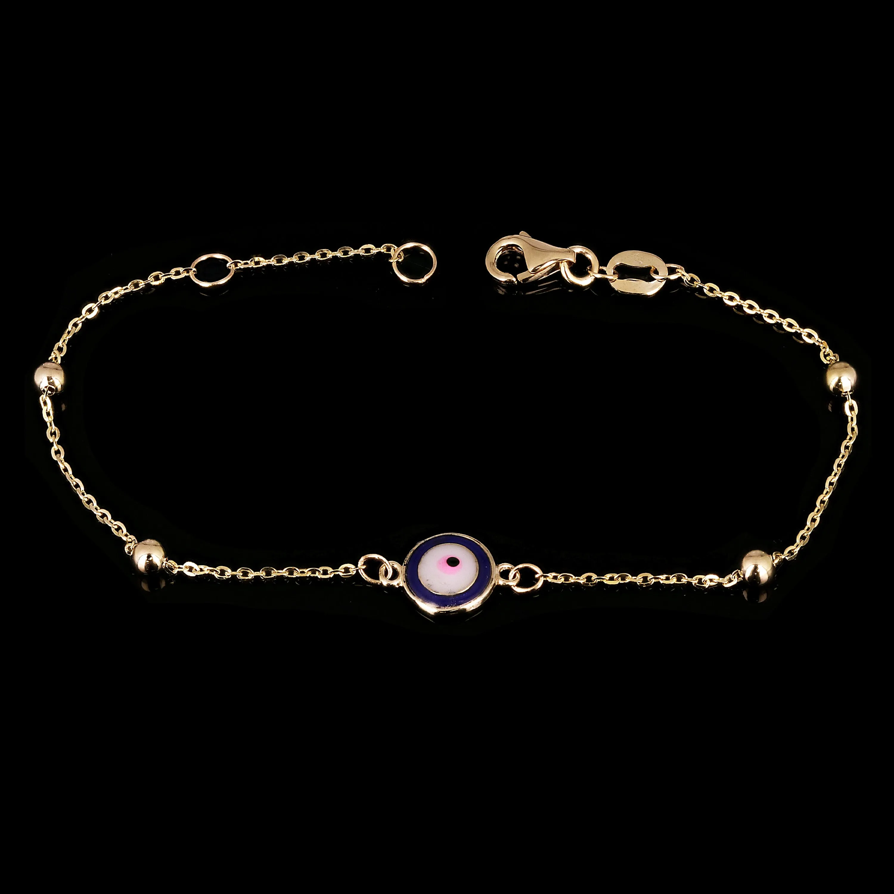 Italian 14k Yellow Gold Enamel Evil Eye Station Bracelet 7"