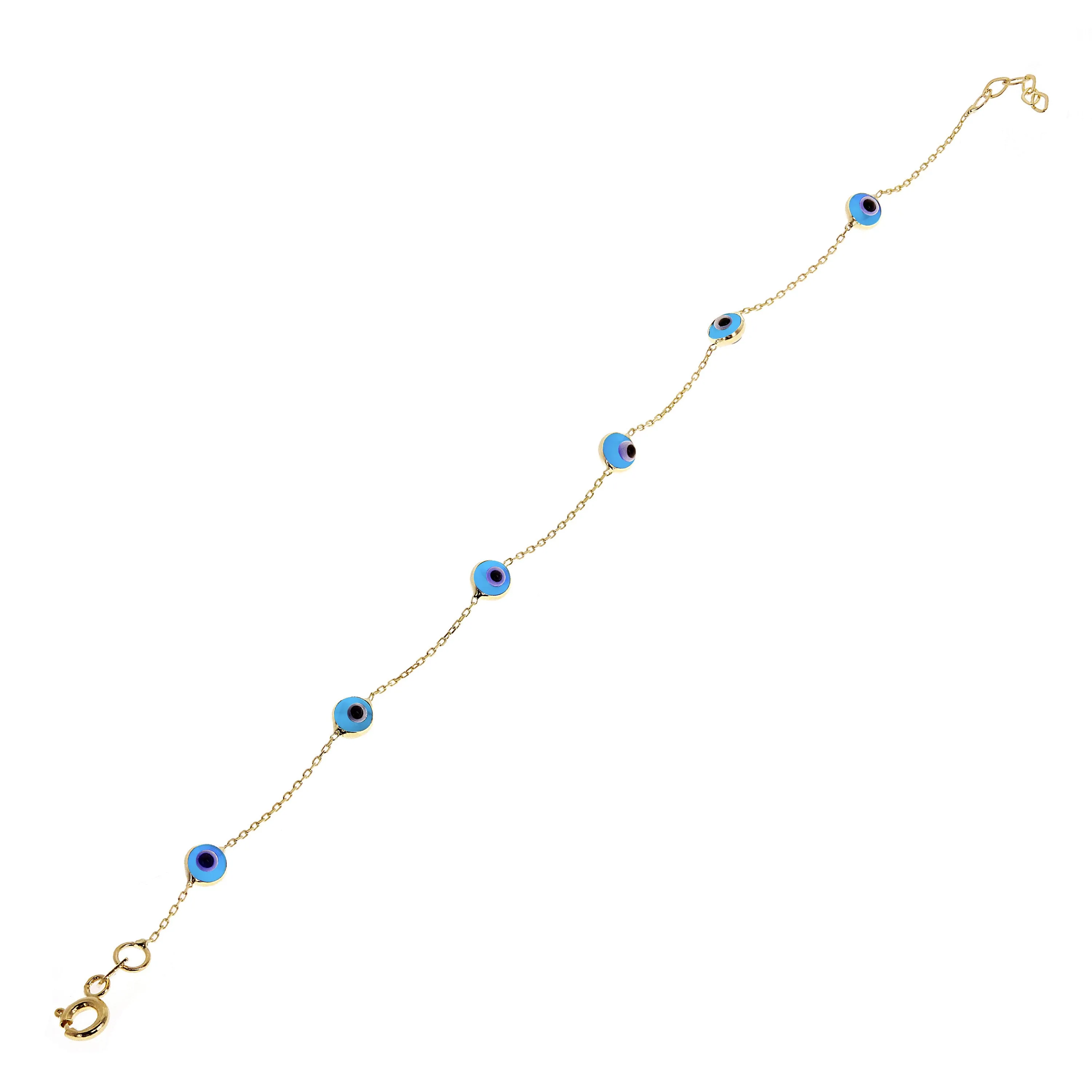 Italian 14k Yellow Gold Enamel Evil Eye Station Bracelet 7"