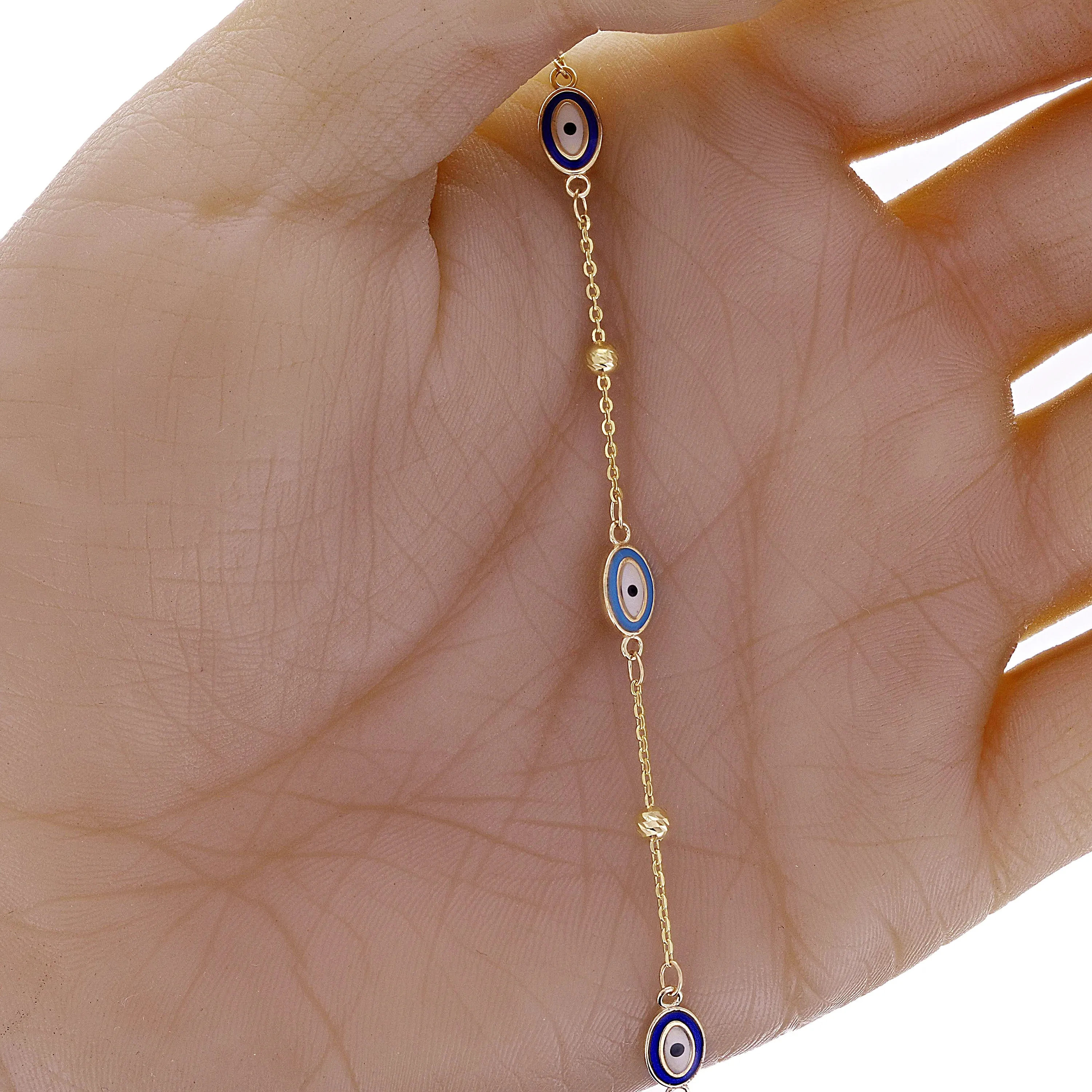 Italian 14k Yellow Gold Enamel Evil Eye Station Bracelet 7"