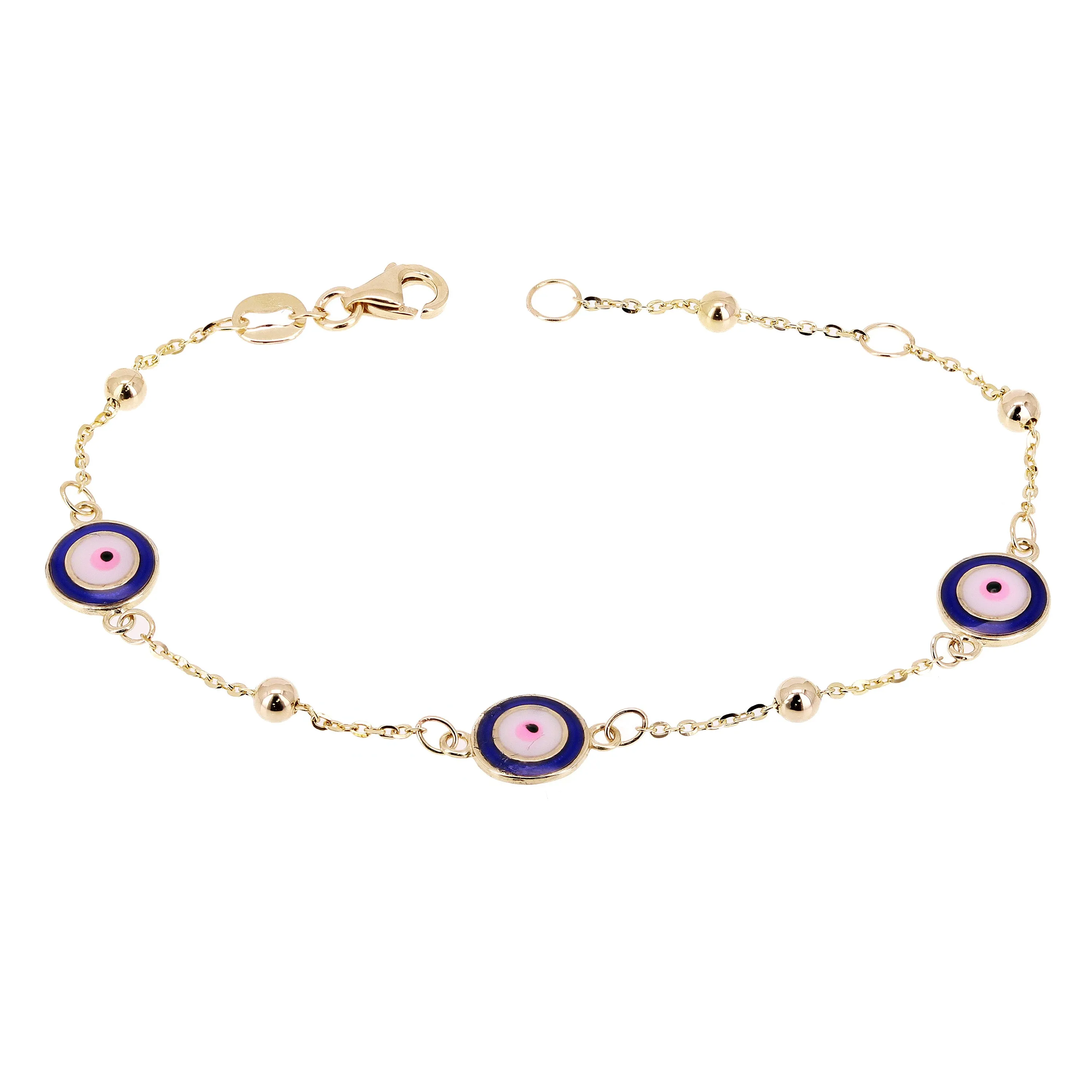 Italian 14k Yellow Gold Enamel Evil Eye Station Bracelet 7"