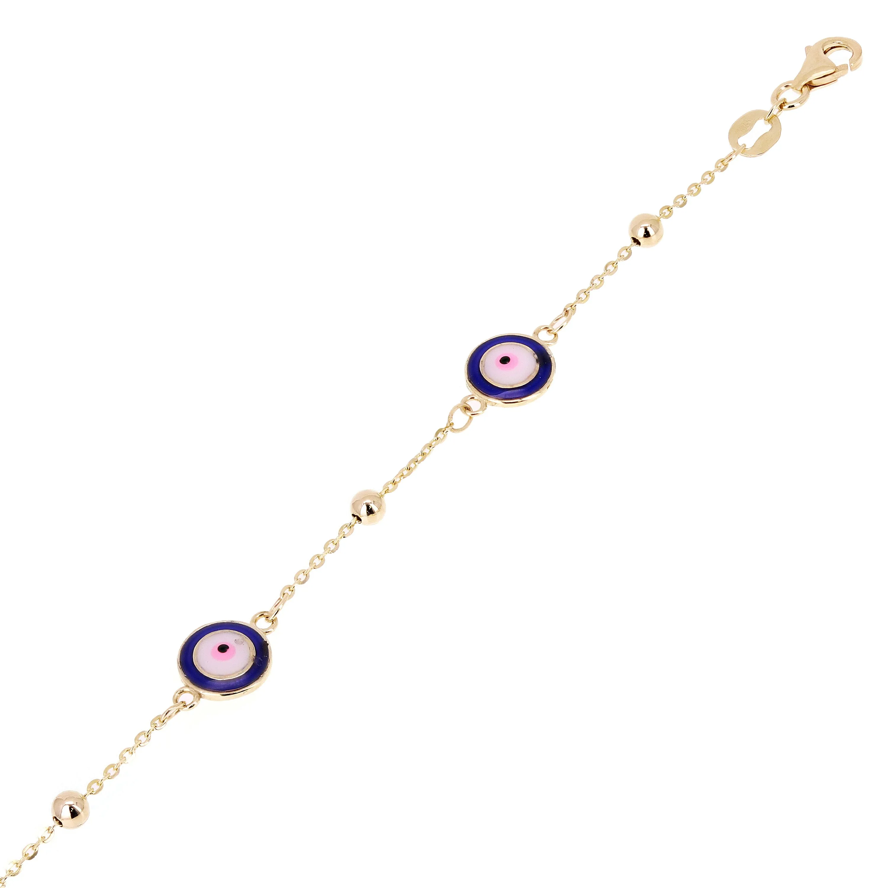 Italian 14k Yellow Gold Enamel Evil Eye Station Bracelet 7"