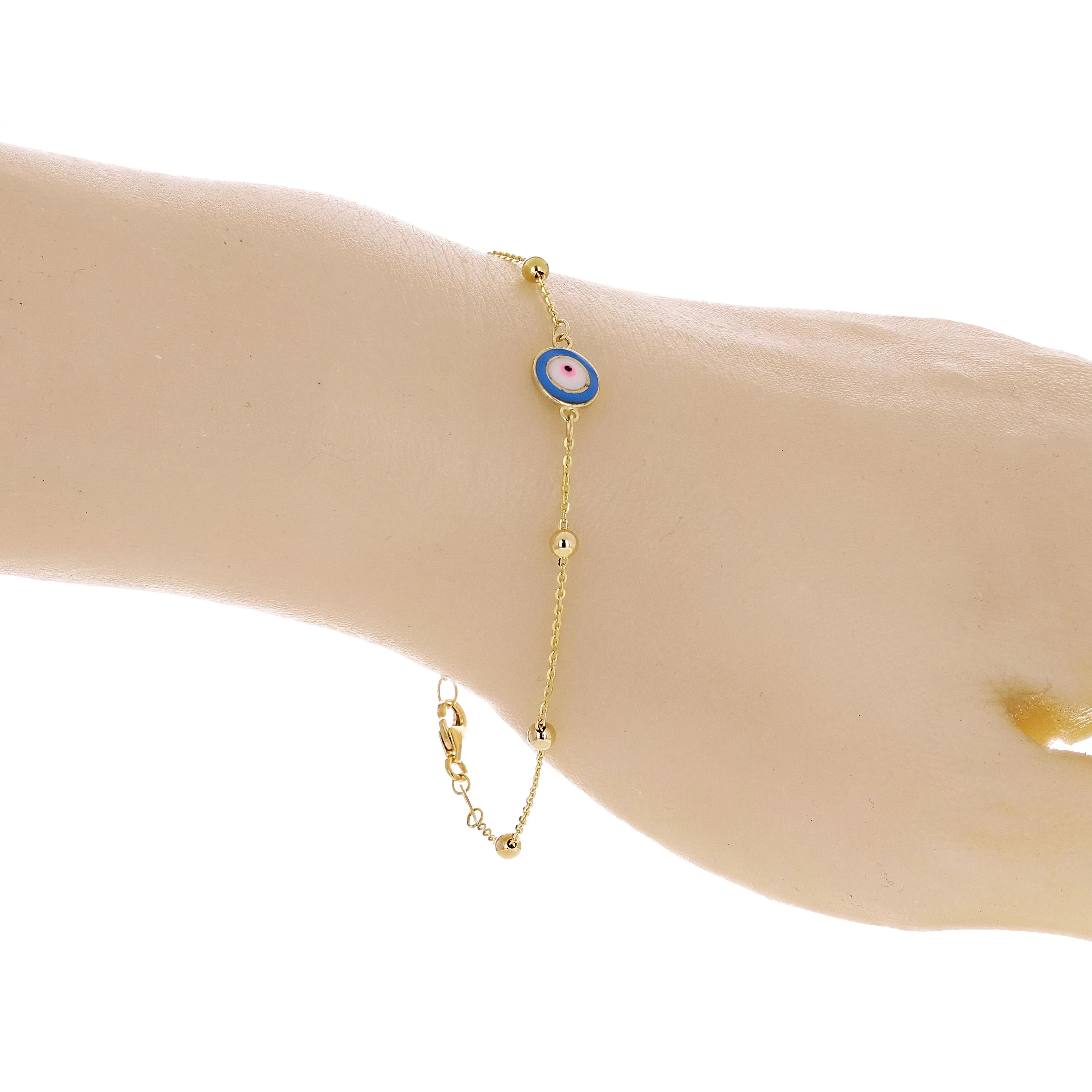 Italian 14k Yellow Gold Enamel Evil Eye Station Bracelet 7"