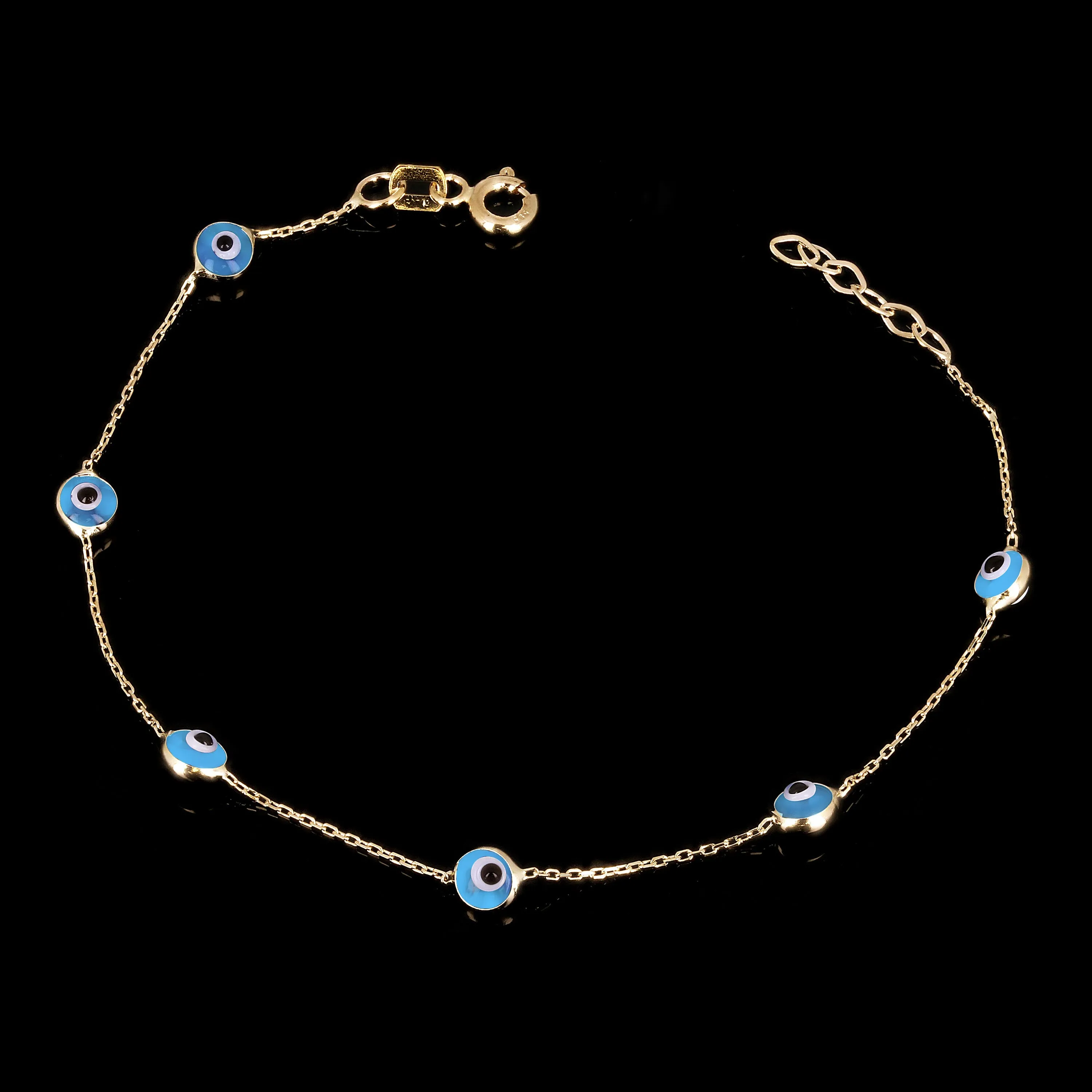 Italian 14k Yellow Gold Enamel Evil Eye Station Bracelet 7"
