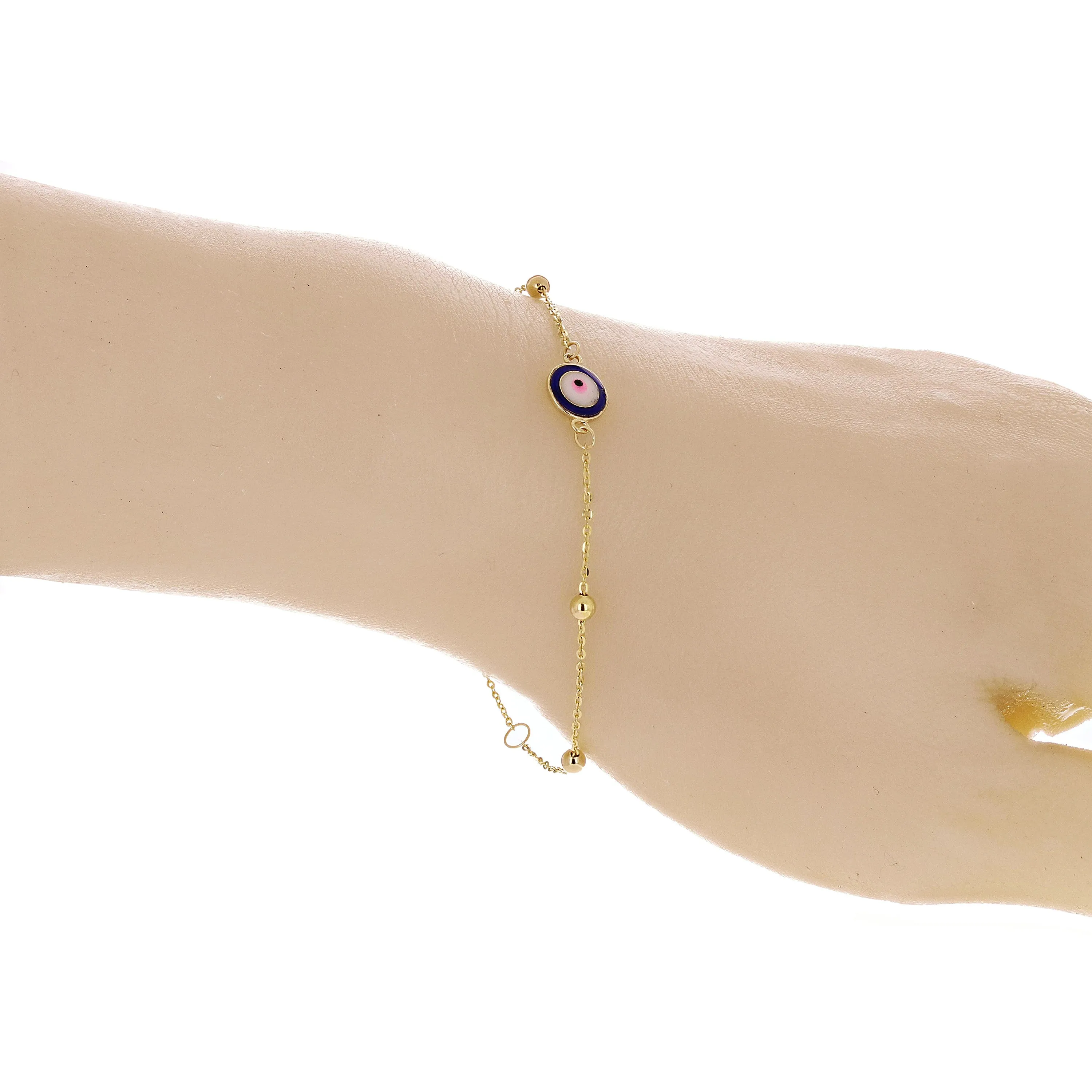 Italian 14k Yellow Gold Enamel Evil Eye Station Bracelet 7"