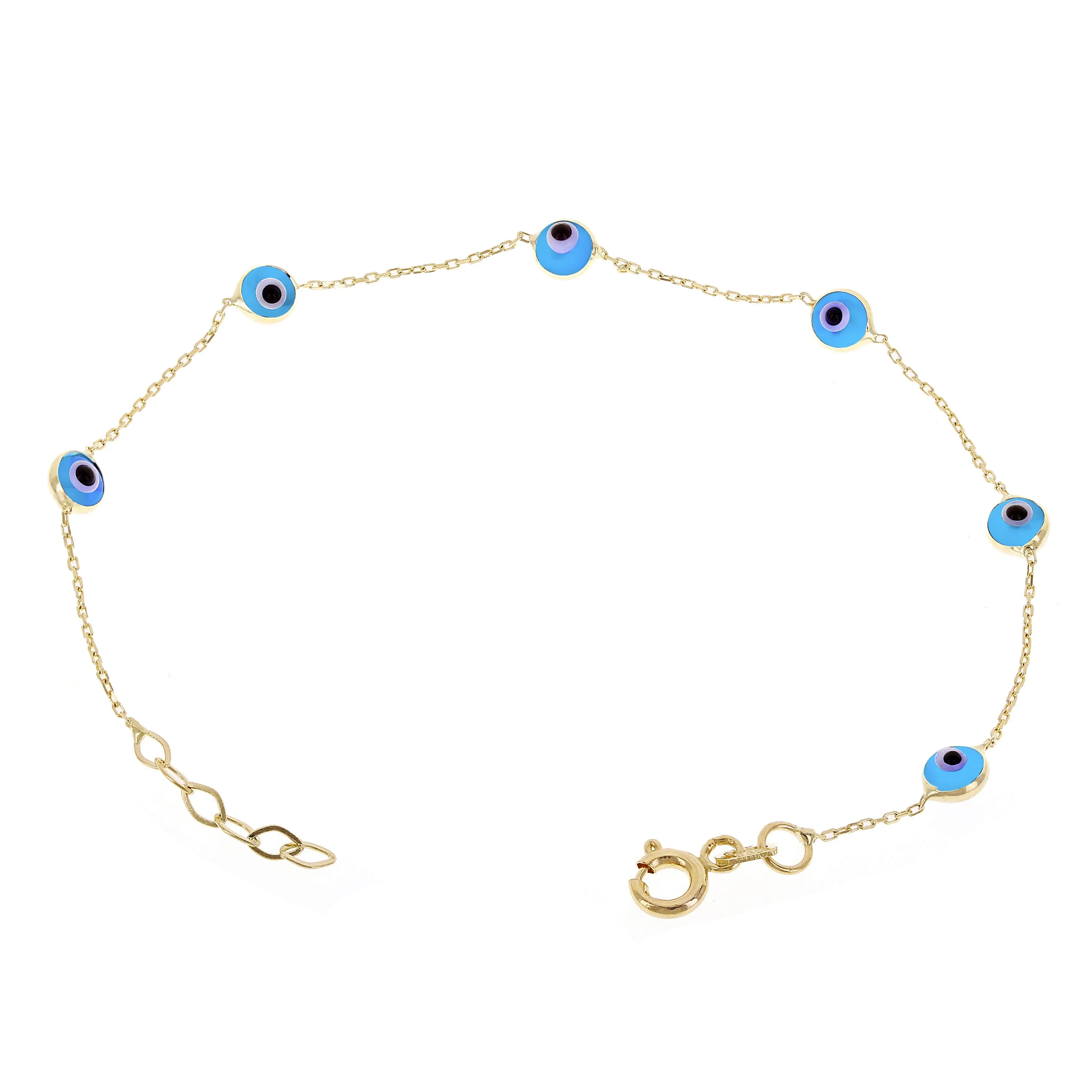 Italian 14k Yellow Gold Enamel Evil Eye Station Bracelet 7"