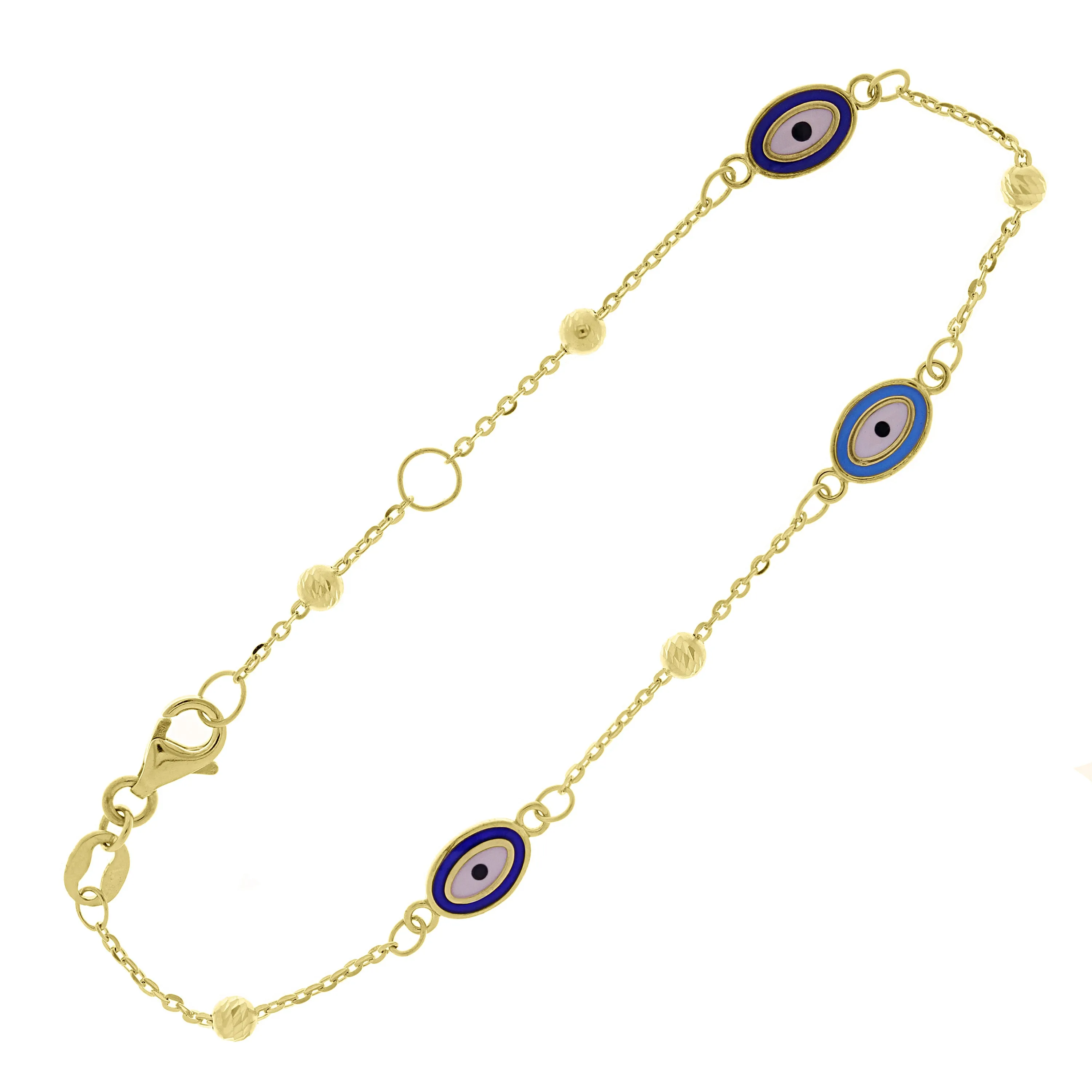 Italian 14k Yellow Gold Enamel Evil Eye Station Bracelet 7"
