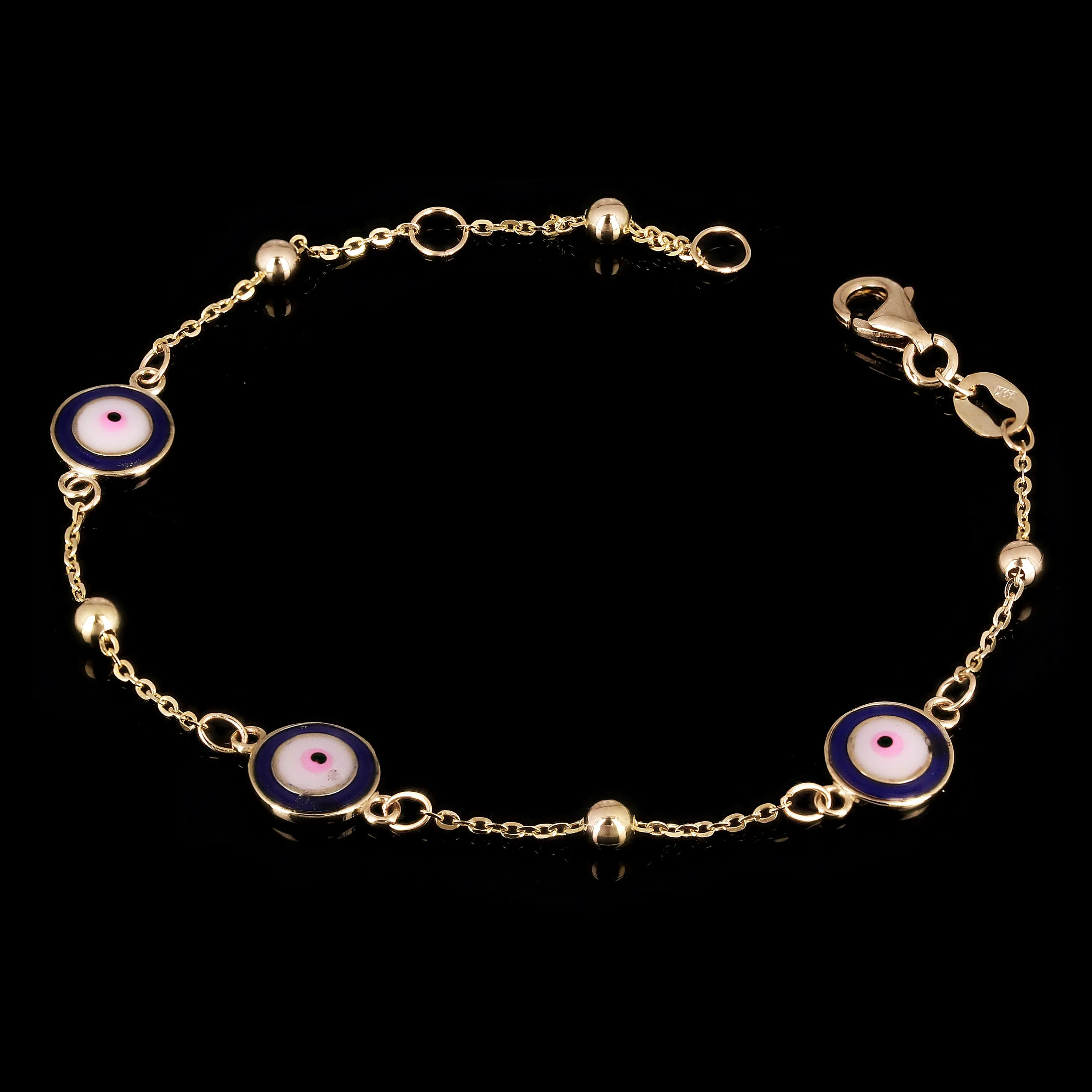 Italian 14k Yellow Gold Enamel Evil Eye Station Bracelet 7"