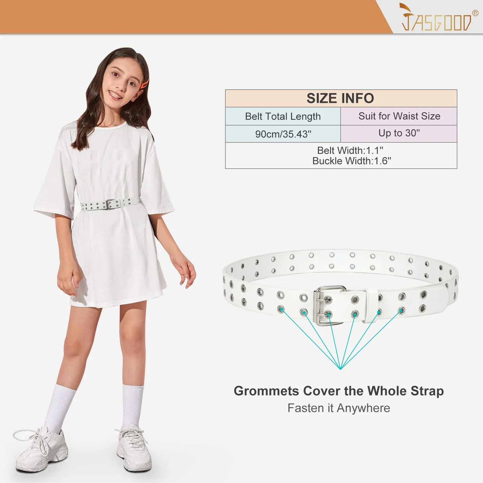 JASGOOD Kids Double Grommet Belt for Girls and Boys, PU Leather Kids Double Studded Holes Belt for Jeans Pants