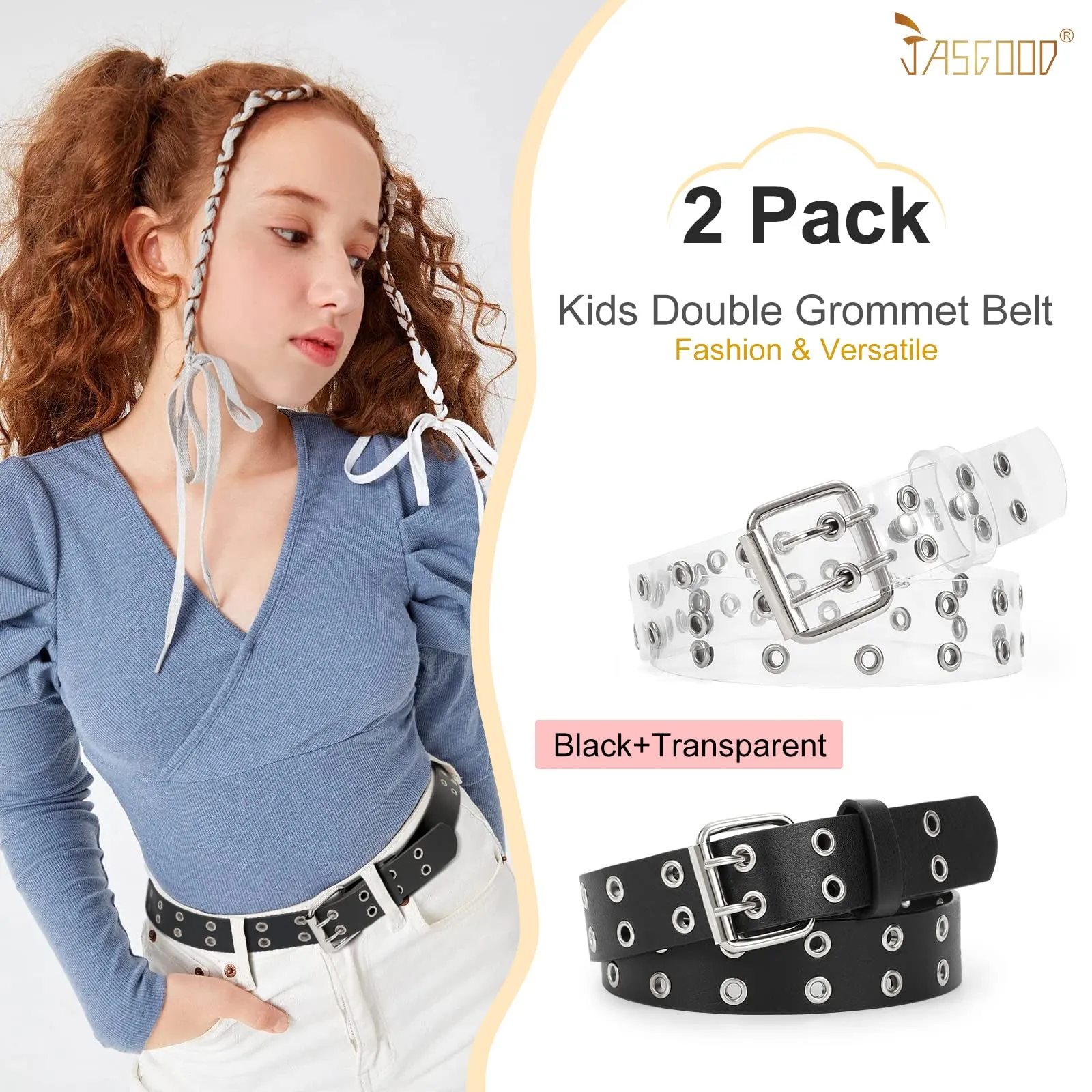 JASGOOD Kids Double Grommet Belt for Girls and Boys, PU Leather Kids Double Studded Holes Belt for Jeans Pants