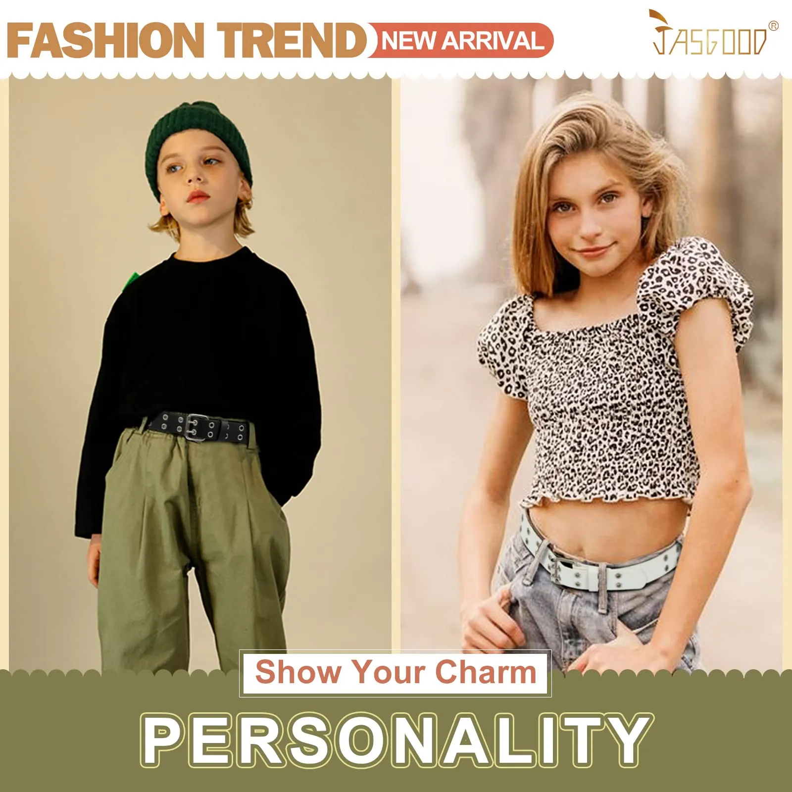 JASGOOD Kids Double Grommet Belt for Girls and Boys, PU Leather Kids Double Studded Holes Belt for Jeans Pants