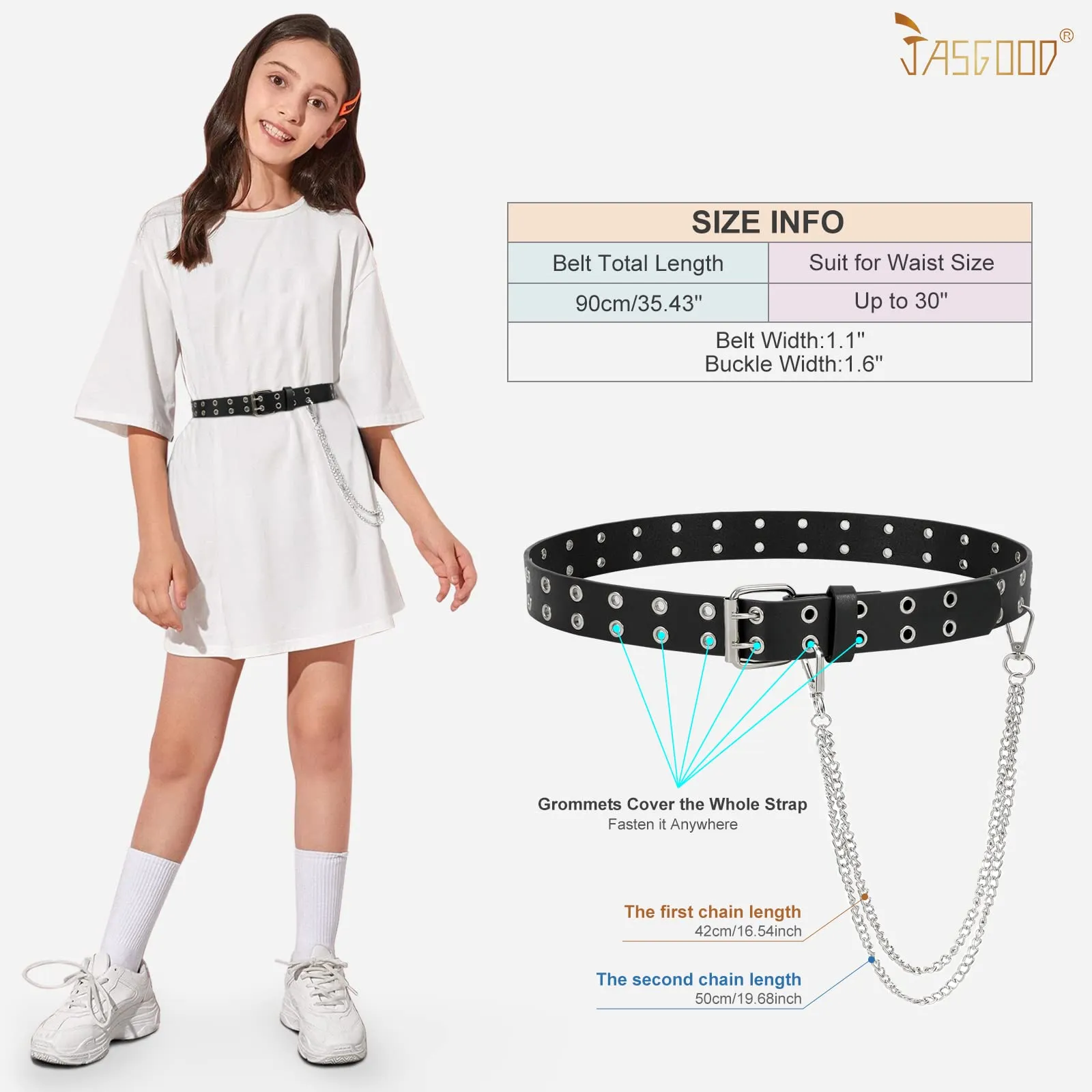 JASGOOD Kids Double Grommet Belt for Girls and Boys, PU Leather Kids Double Studded Holes Belt for Jeans Pants