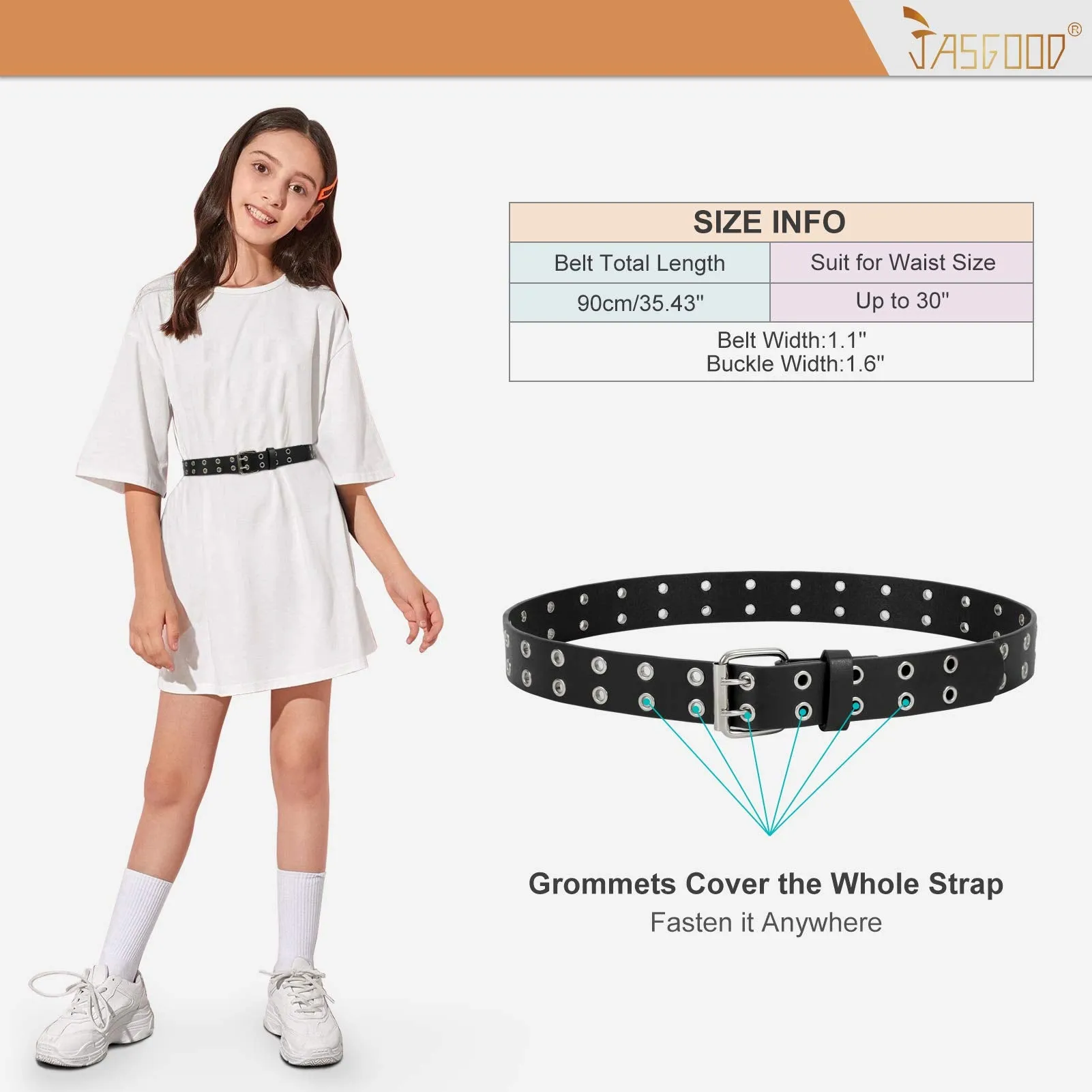 JASGOOD Kids Double Grommet Belt for Girls and Boys, PU Leather Kids Double Studded Holes Belt for Jeans Pants