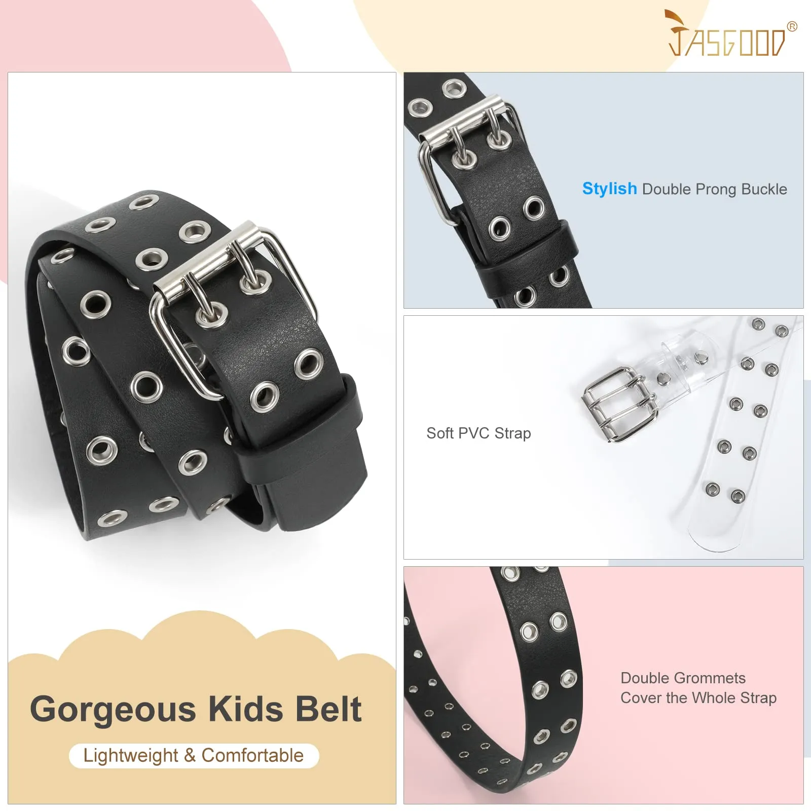 JASGOOD Kids Double Grommet Belt for Girls and Boys, PU Leather Kids Double Studded Holes Belt for Jeans Pants