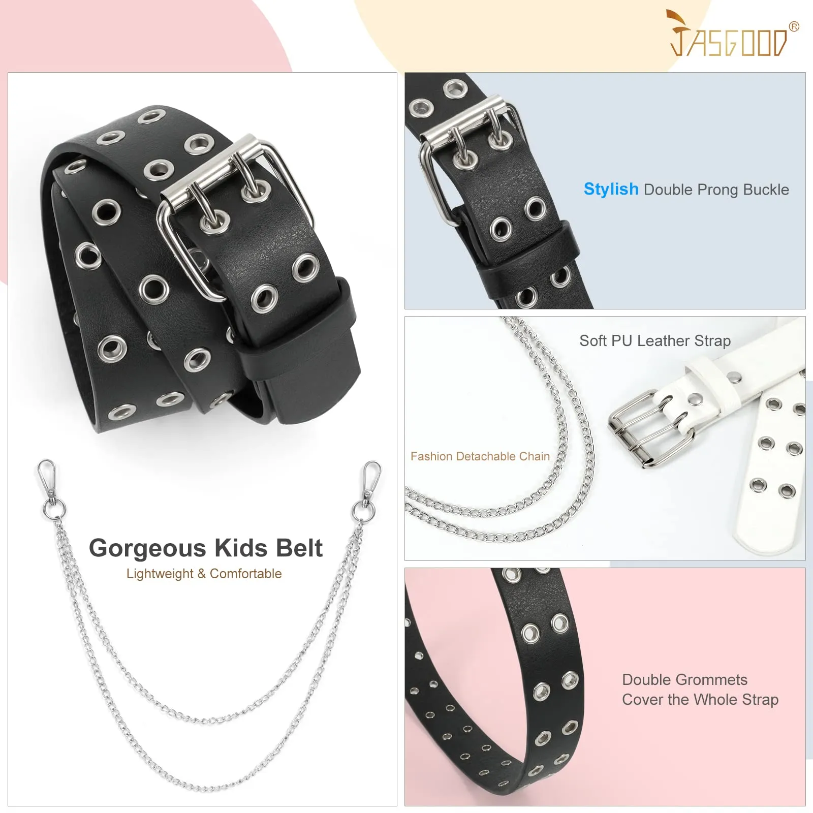 JASGOOD Kids Double Grommet Belt for Girls and Boys, PU Leather Kids Double Studded Holes Belt for Jeans Pants