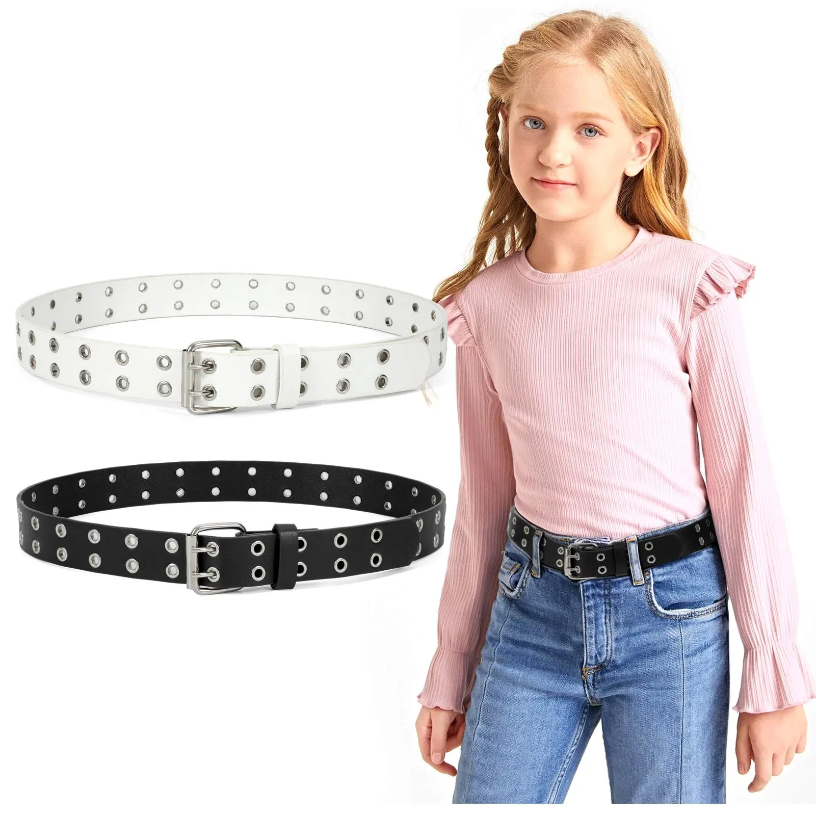JASGOOD Kids Double Grommet Belt for Girls and Boys, PU Leather Kids Double Studded Holes Belt for Jeans Pants
