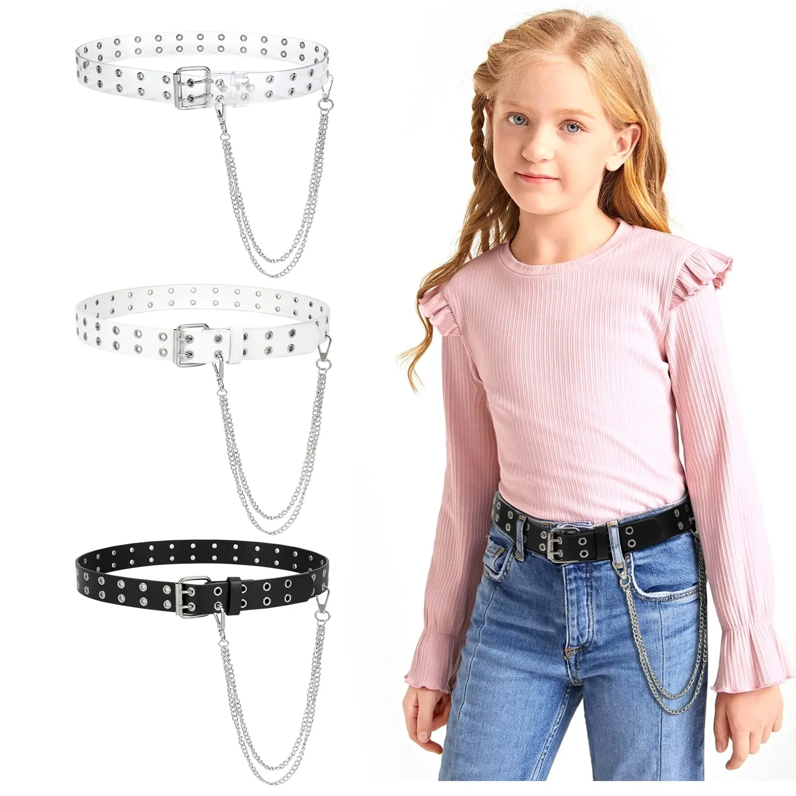 JASGOOD Kids Double Grommet Belt for Girls and Boys, PU Leather Kids Double Studded Holes Belt for Jeans Pants