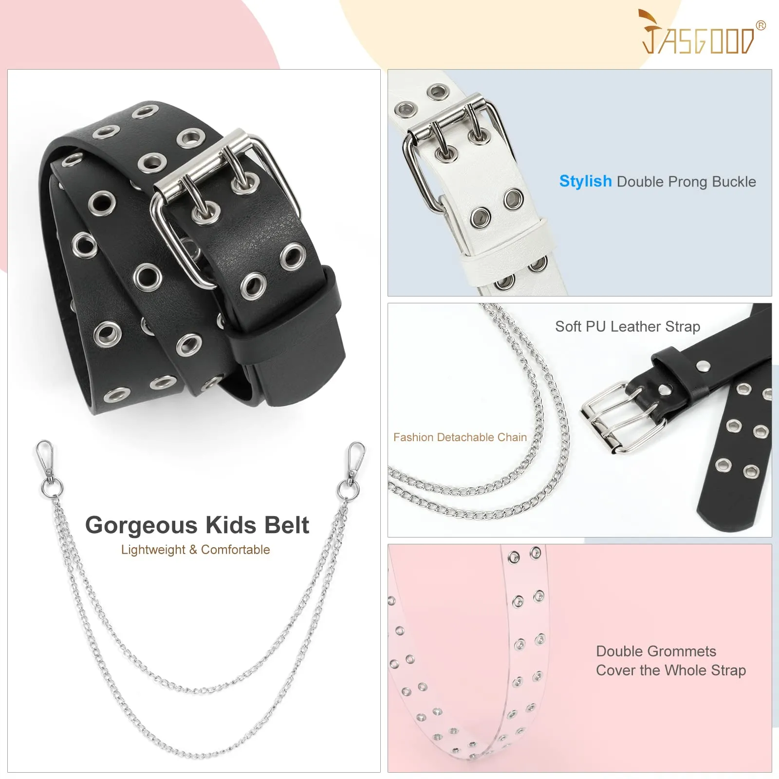 JASGOOD Kids Double Grommet Belt for Girls and Boys, PU Leather Kids Double Studded Holes Belt for Jeans Pants