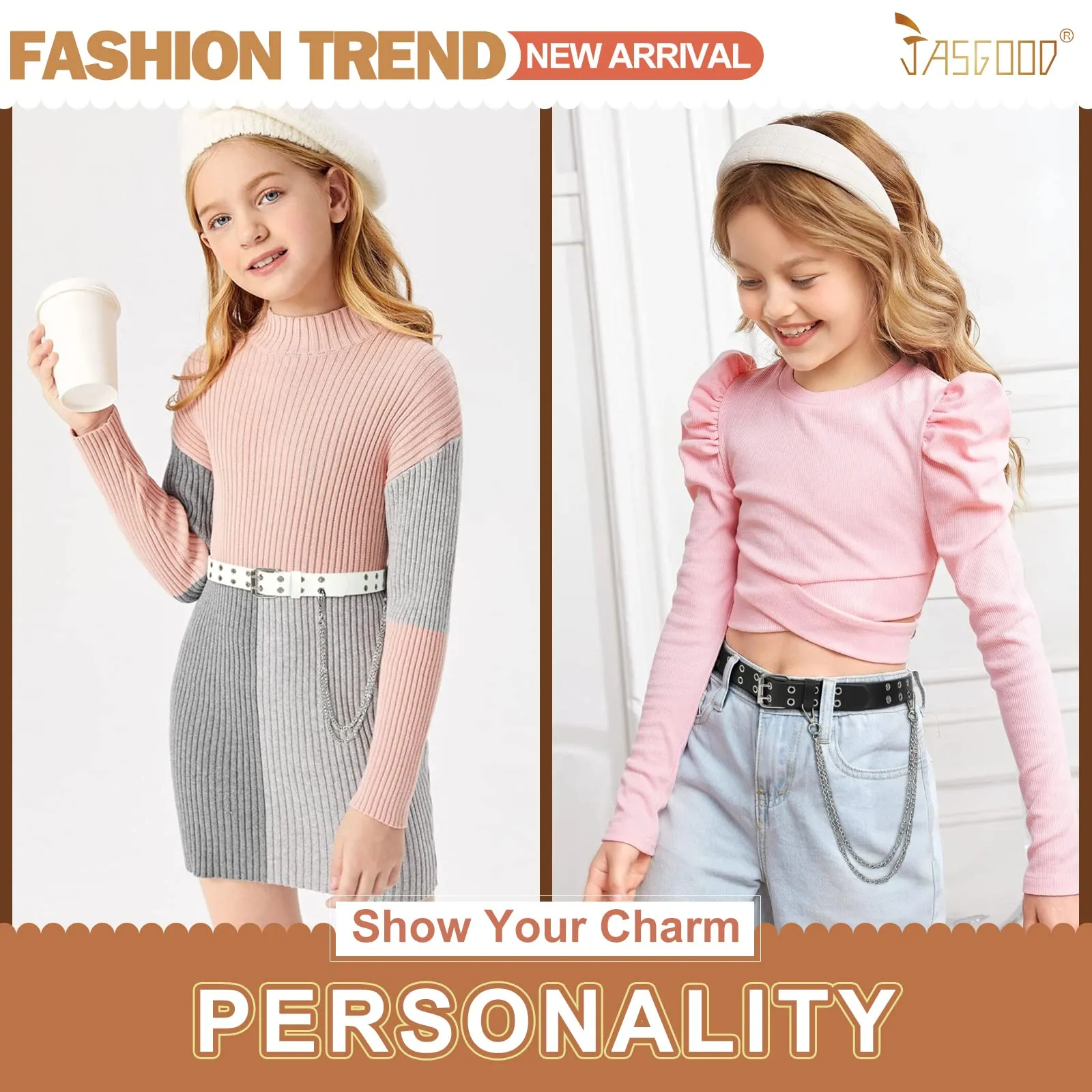 JASGOOD Kids Double Grommet Belt for Girls and Boys, PU Leather Kids Double Studded Holes Belt for Jeans Pants