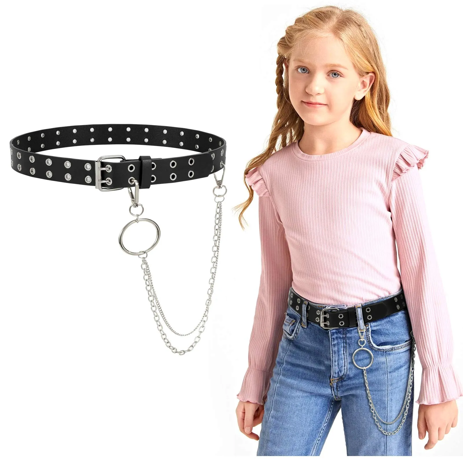 JASGOOD Kids Double Grommet Belt for Girls and Boys, PU Leather Kids Double Studded Holes Belt for Jeans Pants