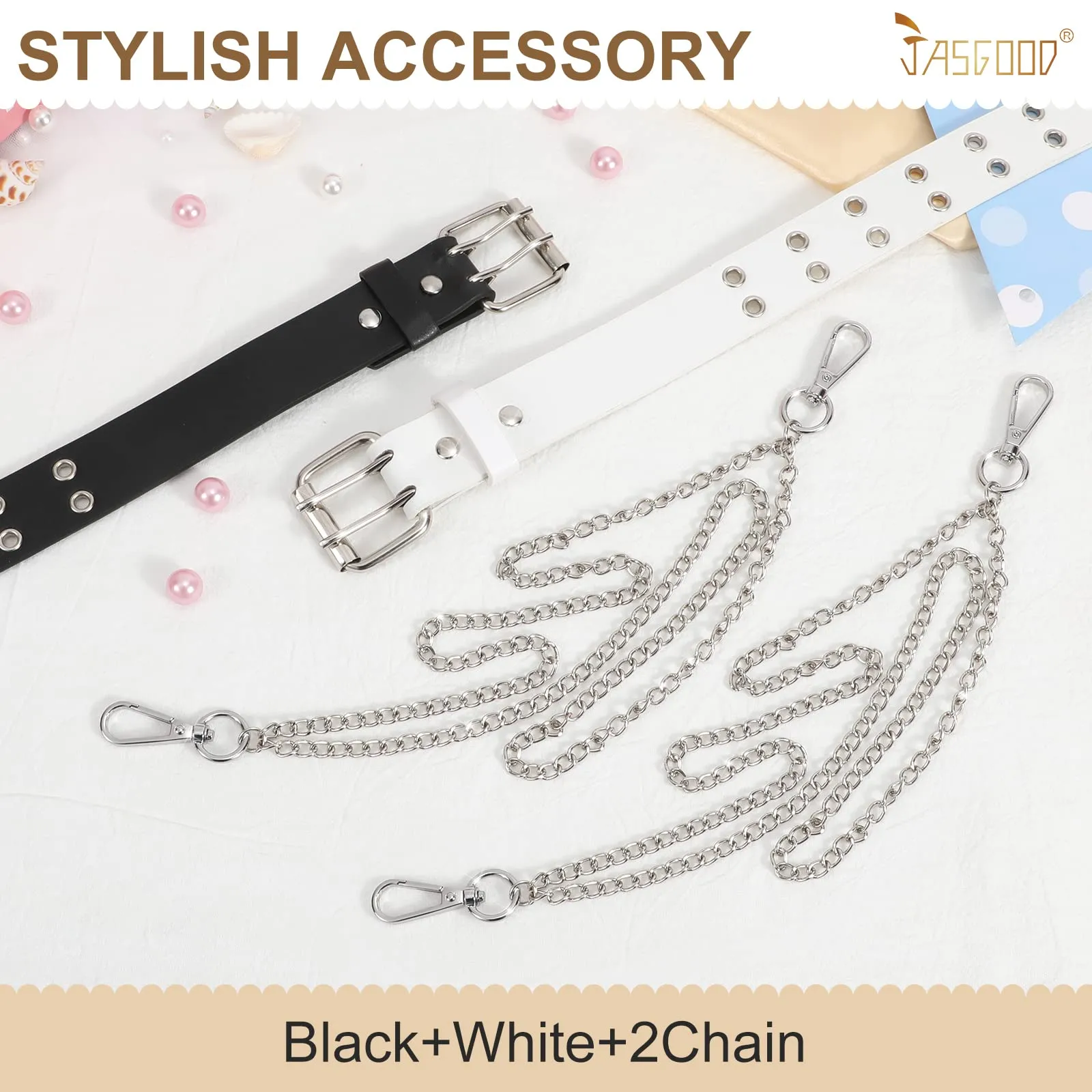 JASGOOD Kids Double Grommet Belt for Girls and Boys, PU Leather Kids Double Studded Holes Belt for Jeans Pants