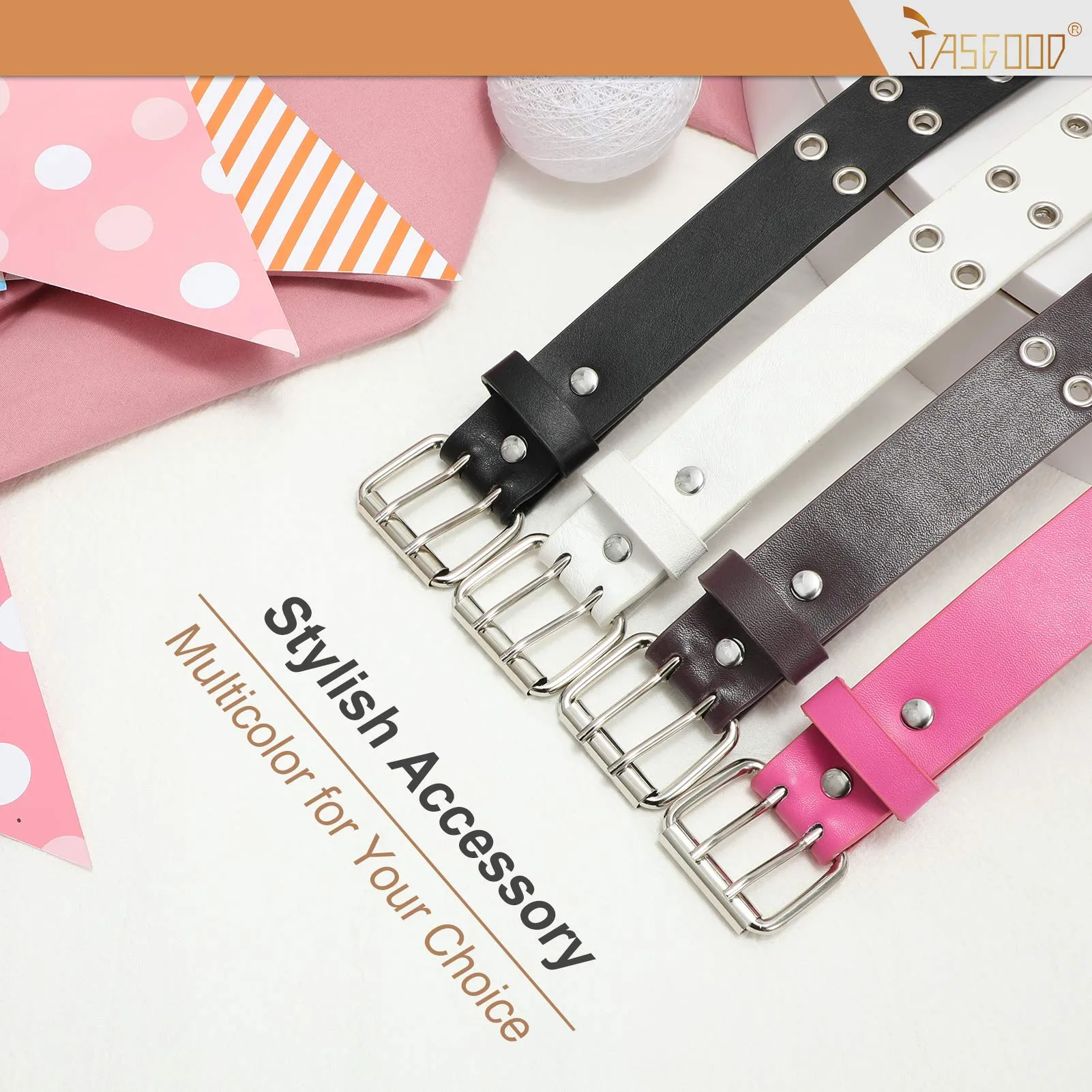 JASGOOD Kids Double Grommet Belt for Girls and Boys, PU Leather Kids Double Studded Holes Belt for Jeans Pants