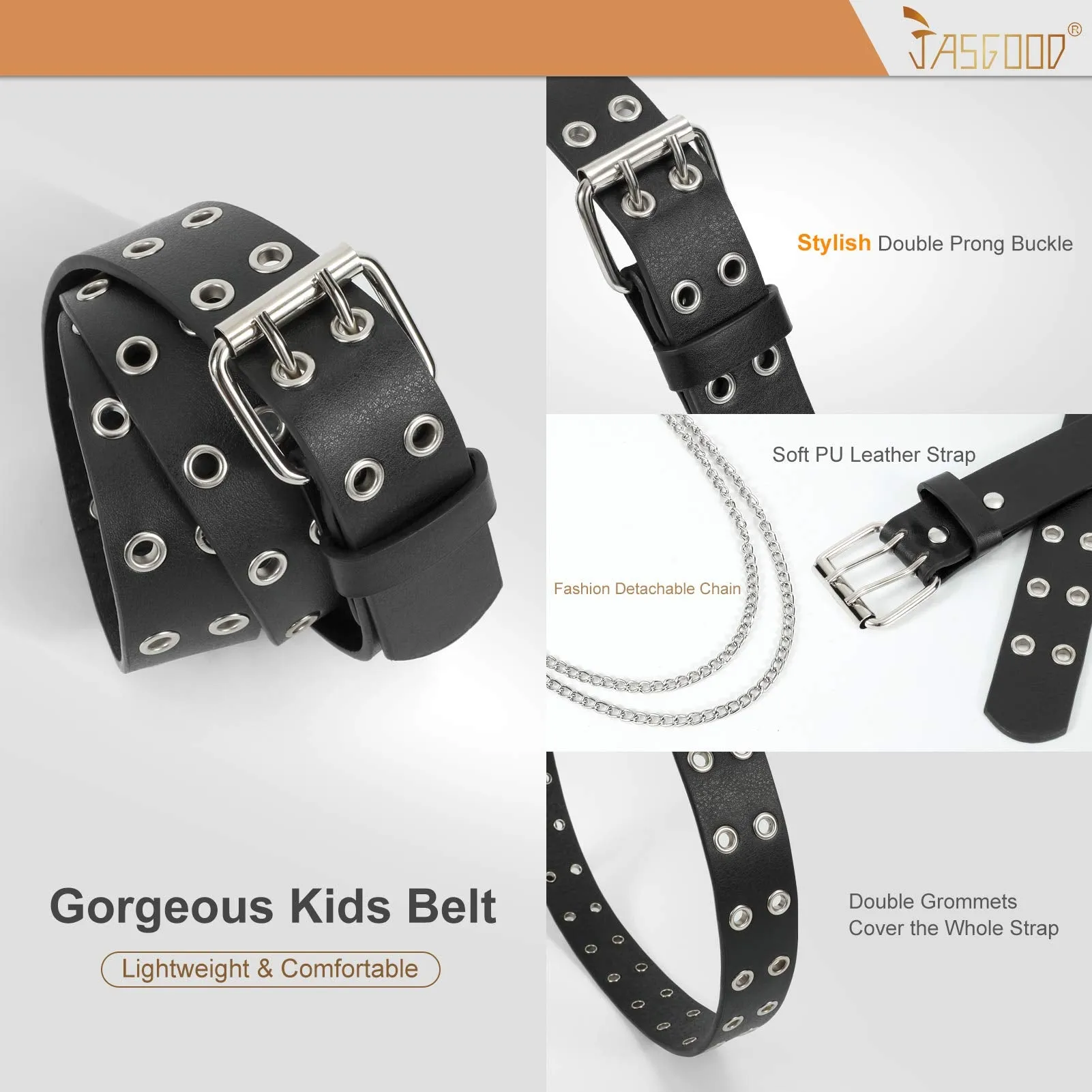 JASGOOD Kids Double Grommet Belt for Girls and Boys, PU Leather Kids Double Studded Holes Belt for Jeans Pants