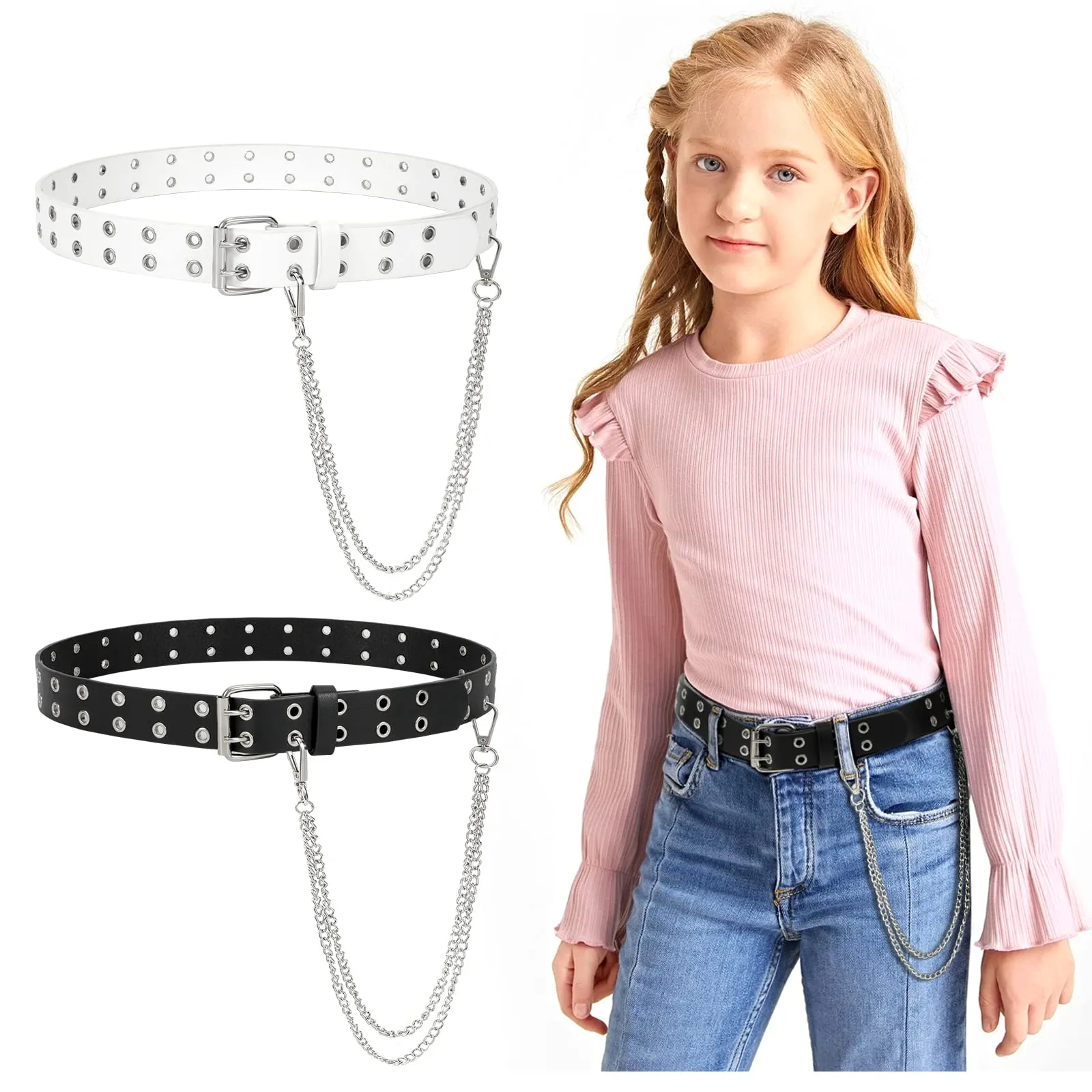 JASGOOD Kids Double Grommet Belt for Girls and Boys, PU Leather Kids Double Studded Holes Belt for Jeans Pants
