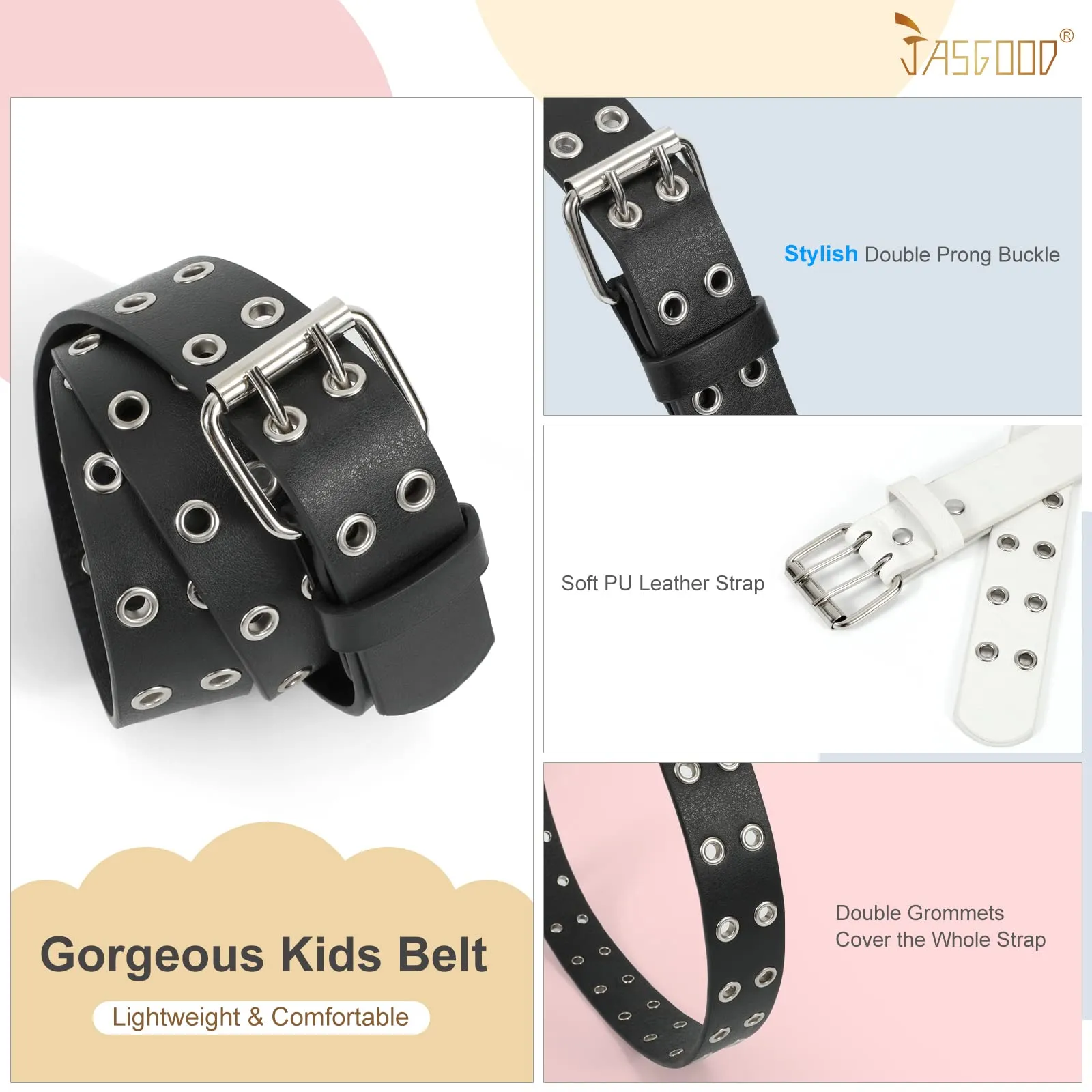JASGOOD Kids Double Grommet Belt for Girls and Boys, PU Leather Kids Double Studded Holes Belt for Jeans Pants