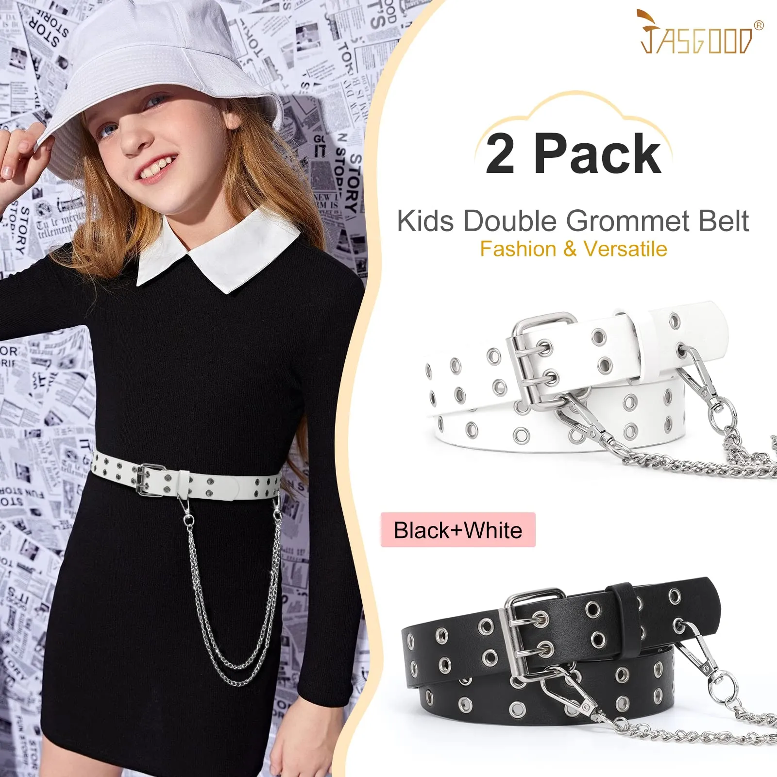JASGOOD Kids Double Grommet Belt for Girls and Boys, PU Leather Kids Double Studded Holes Belt for Jeans Pants