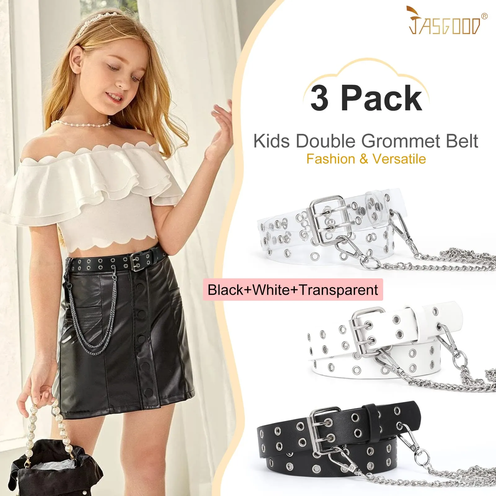 JASGOOD Kids Double Grommet Belt for Girls and Boys, PU Leather Kids Double Studded Holes Belt for Jeans Pants