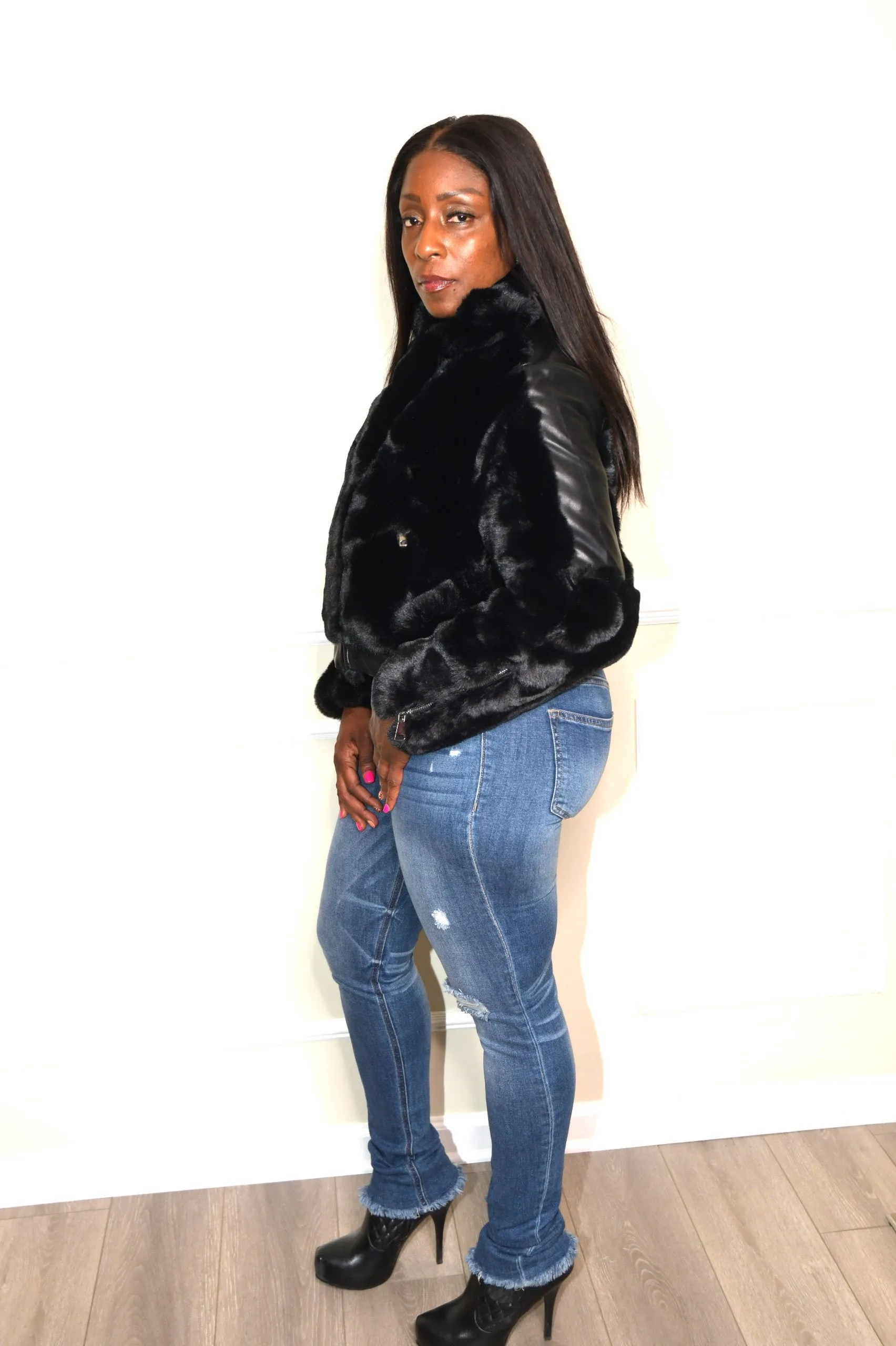 Jazzy Stud Faux Fur Jacket